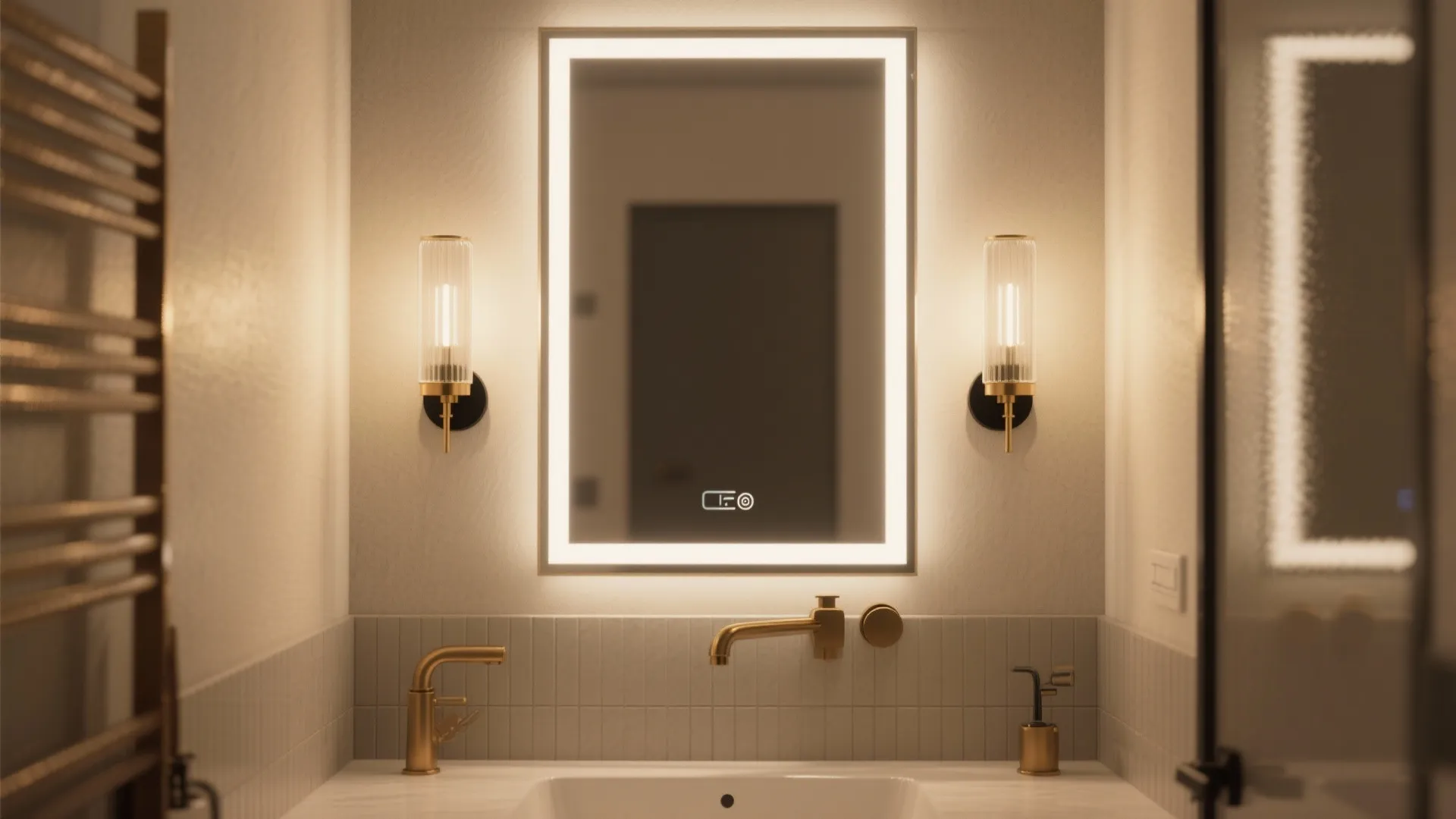 Backlit LED mirror with two vertical sconces providing layered lighting in a compact bathroom