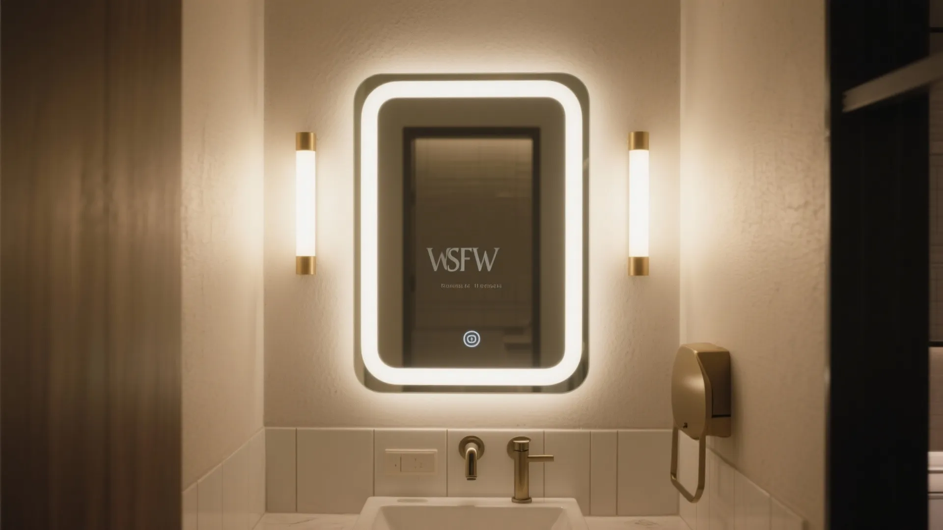 Modern bathroom featuring lighted mirror, two gold wall lights, white sink, and white tiled wall