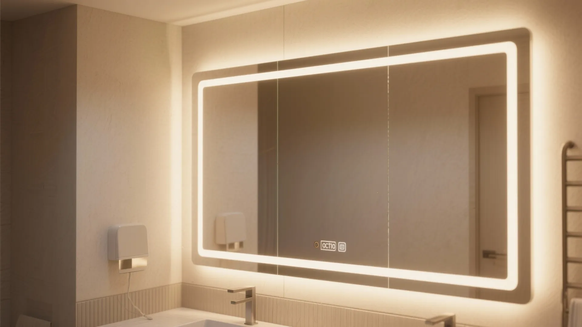 Modern rectangular bathroom mirror with glowing LED light border above a white sink and faucet