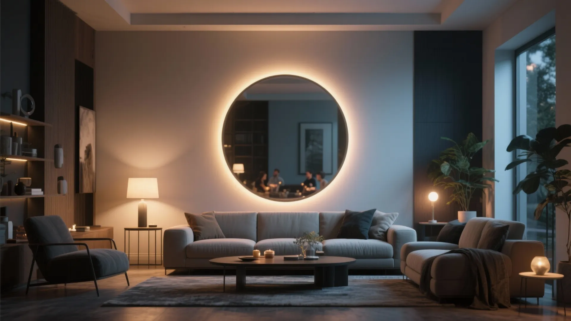 Contemporary living room with LED backlit mirror