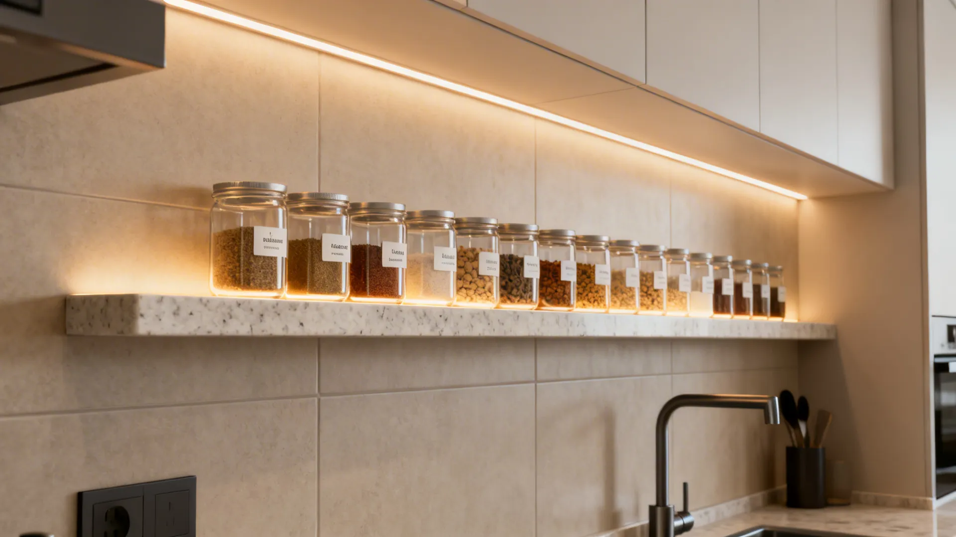 Modern kitchen with glass storage jars on lit marble shelf and sleek under cabinet lighting
