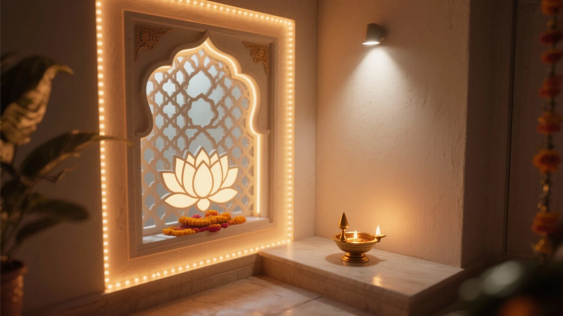 Interior wall design featuring backlit lotus flower shape small oil lamp and warm wall light