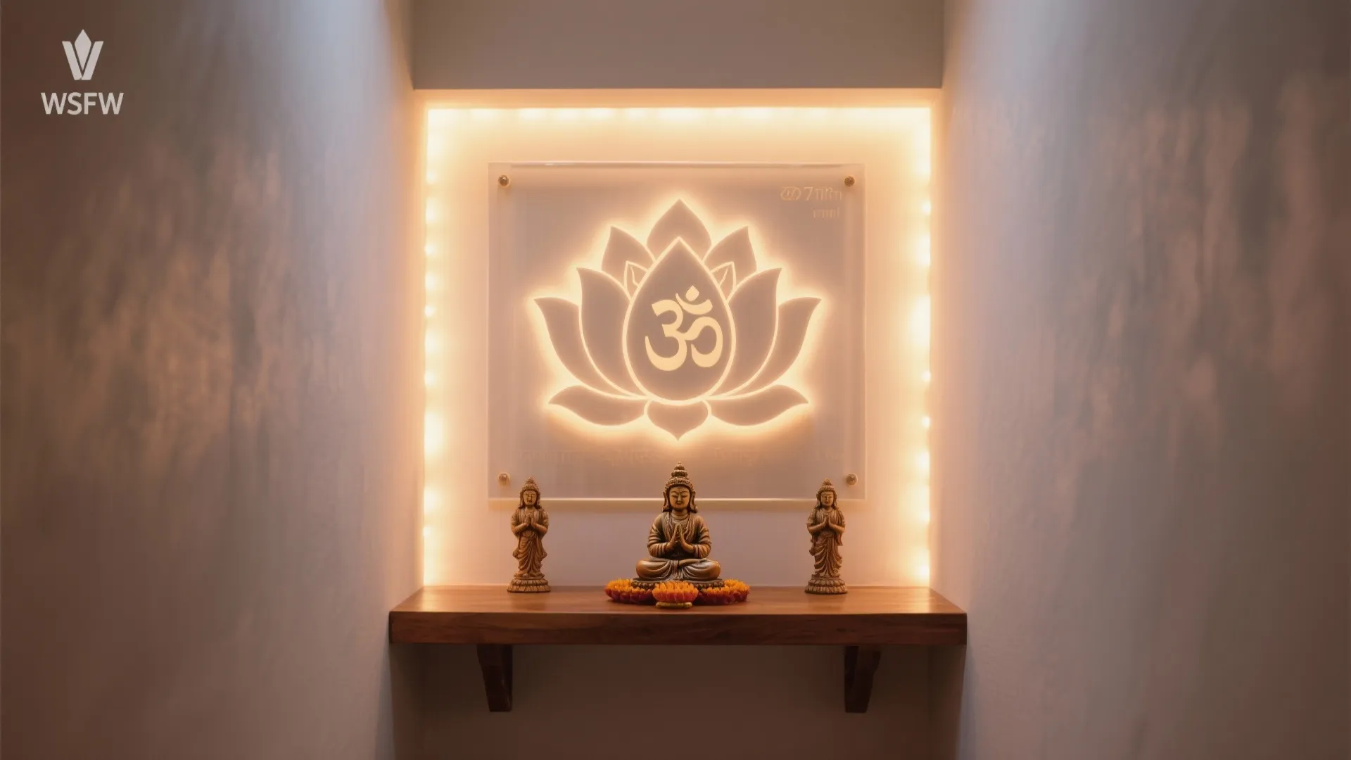 Backlit CNC lotus panel with frosted acrylic and warm LED halo behind idols in a compact niche.