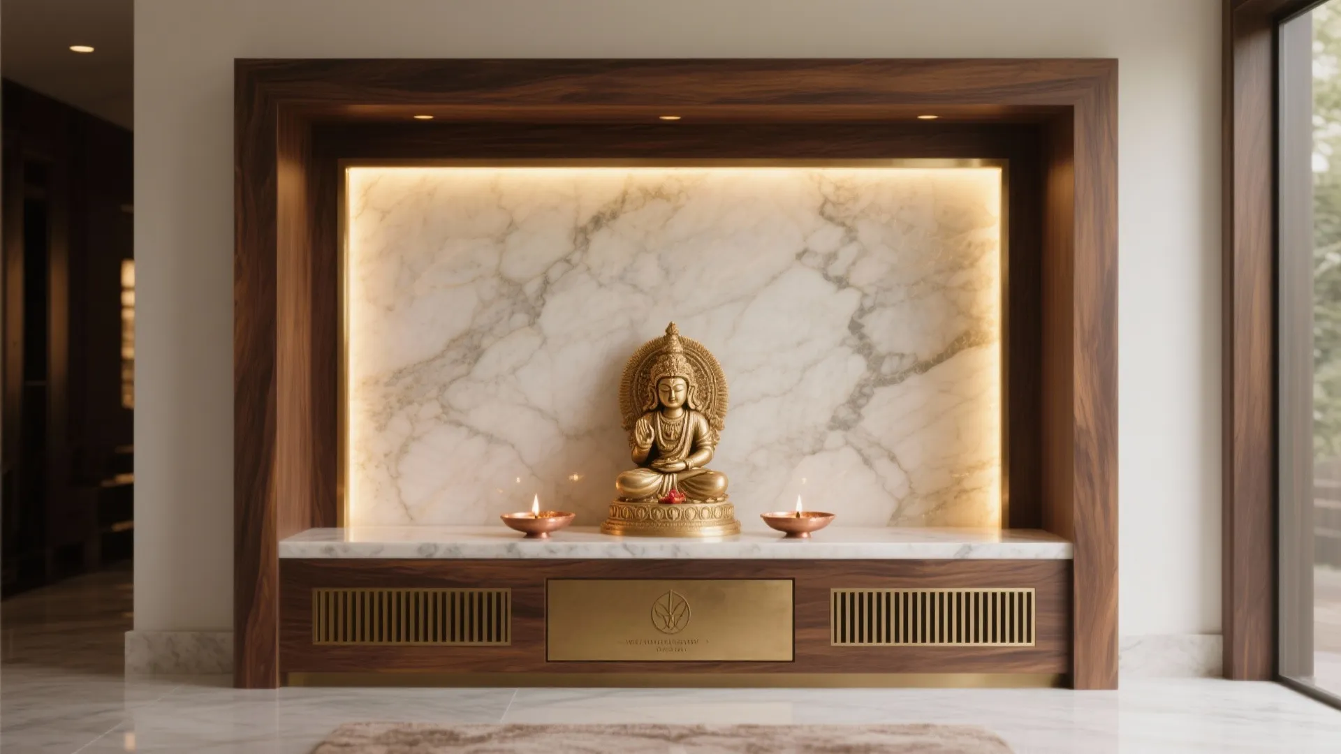 Modern wood prayer cabinet with marble wall background gold statue small lights and white floor