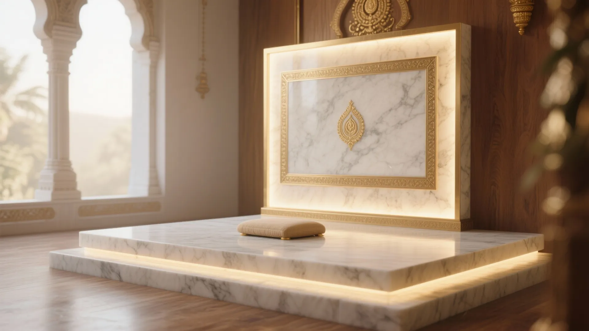 Elevated Plinth with Backlit Marble and Brass Accents