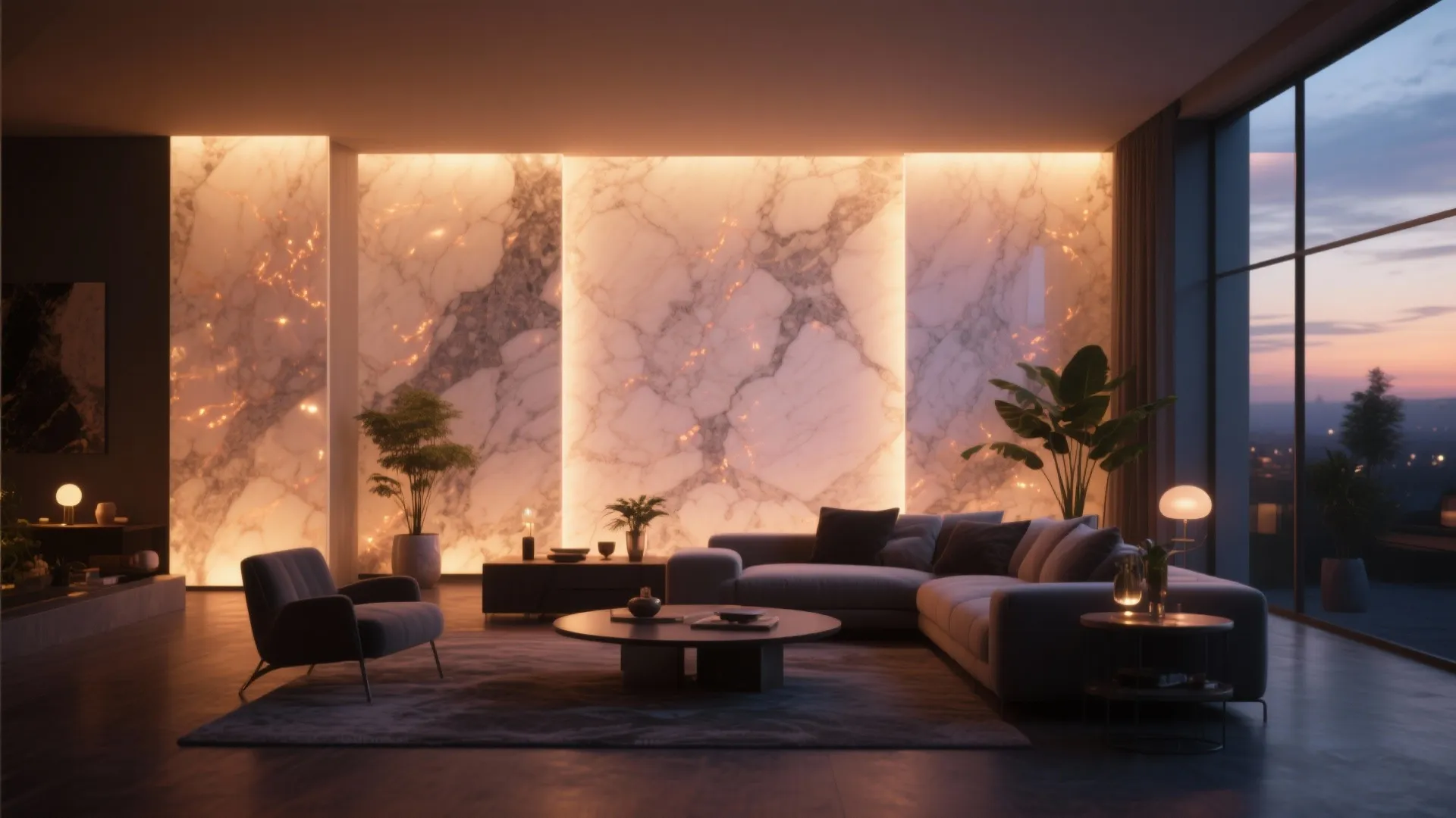 5. Backlit translucent marble panels for evening ambiance