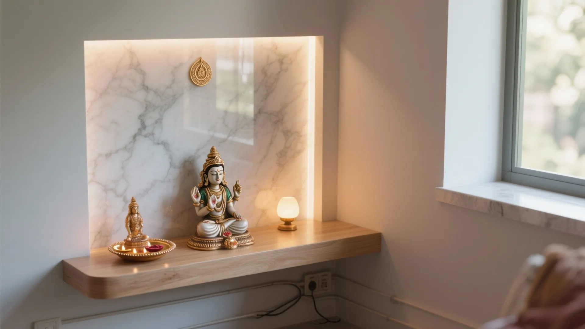 Marble wall niche with a wooden shelf holding a statue and candle near a window
