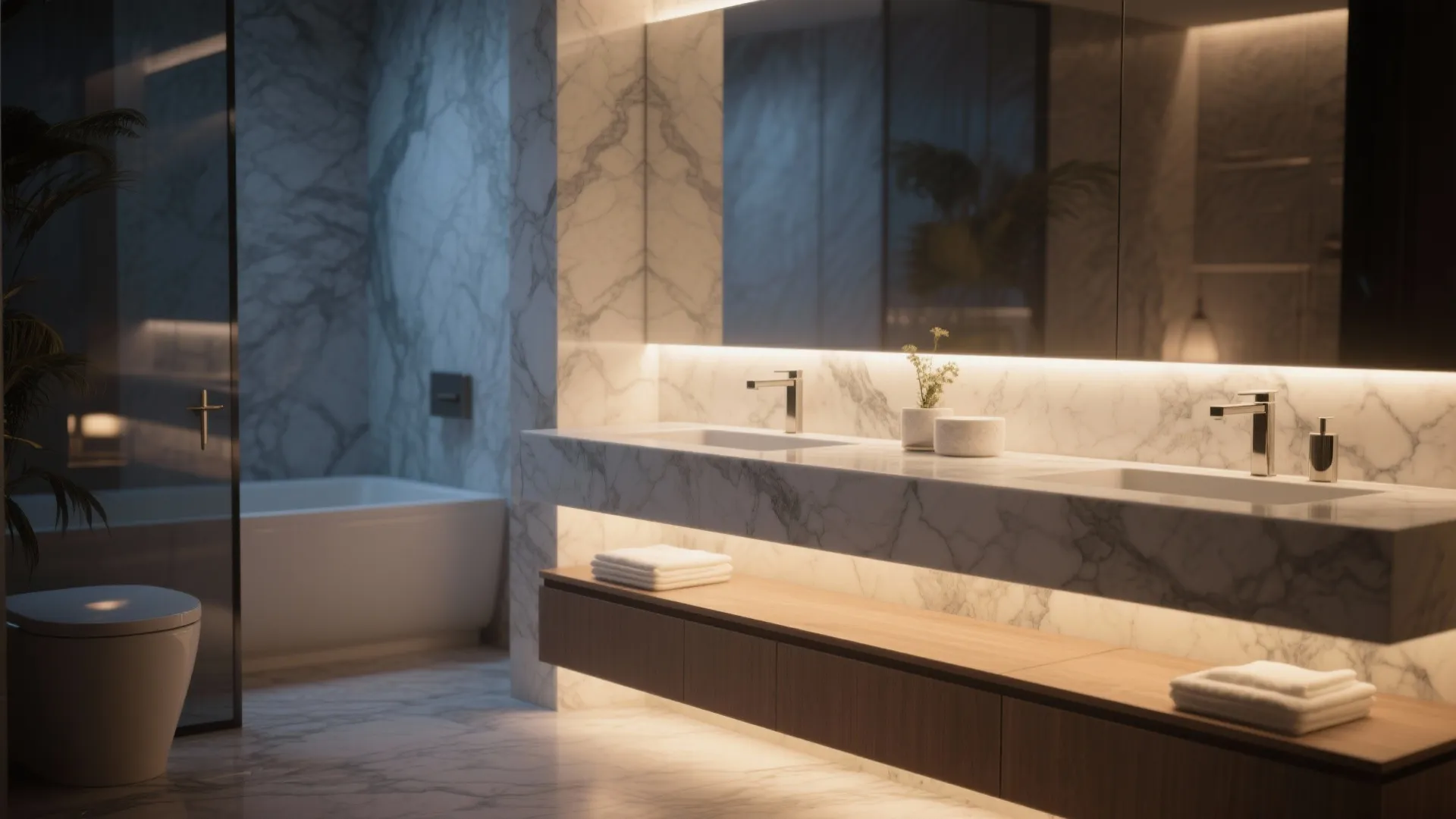 Luxury bathroom with marble cabinet, double sinks, warm light fixture, bathtub, and large wall mirror