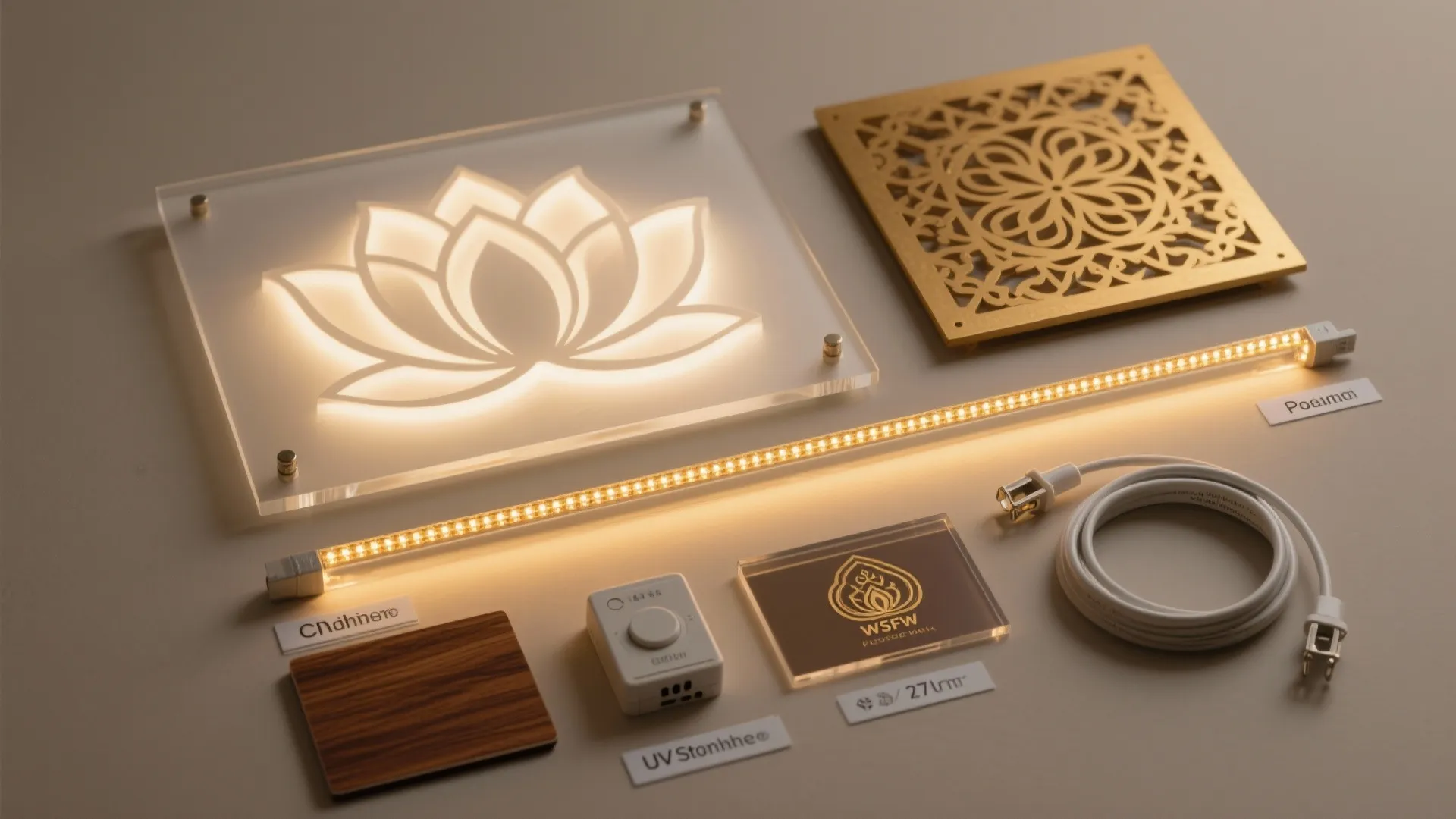 Flat lay of frosted acrylic, CNC lotus panel sample, warm LED strip, dimmer, and teak veneer.