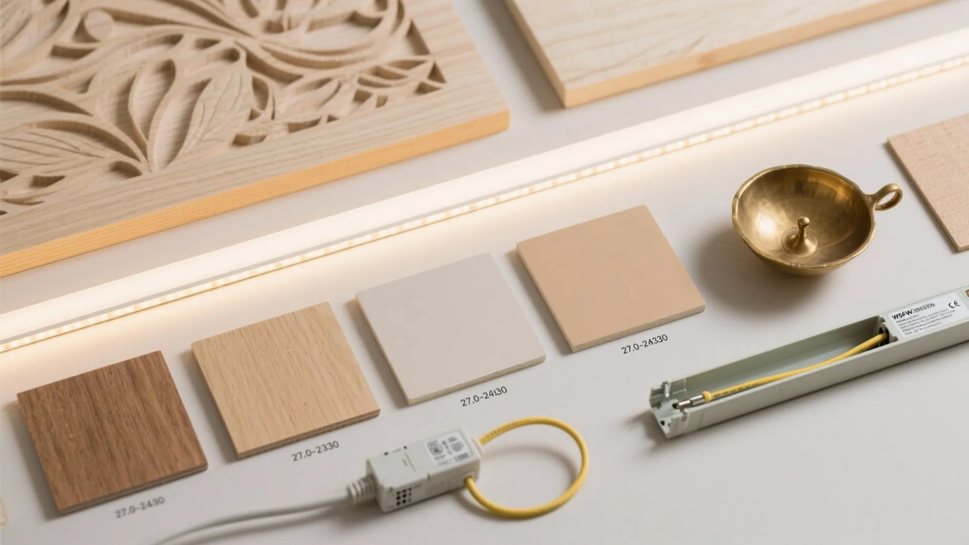 Material mood board with wood samples color tiles light fixture and carved wood panel for design