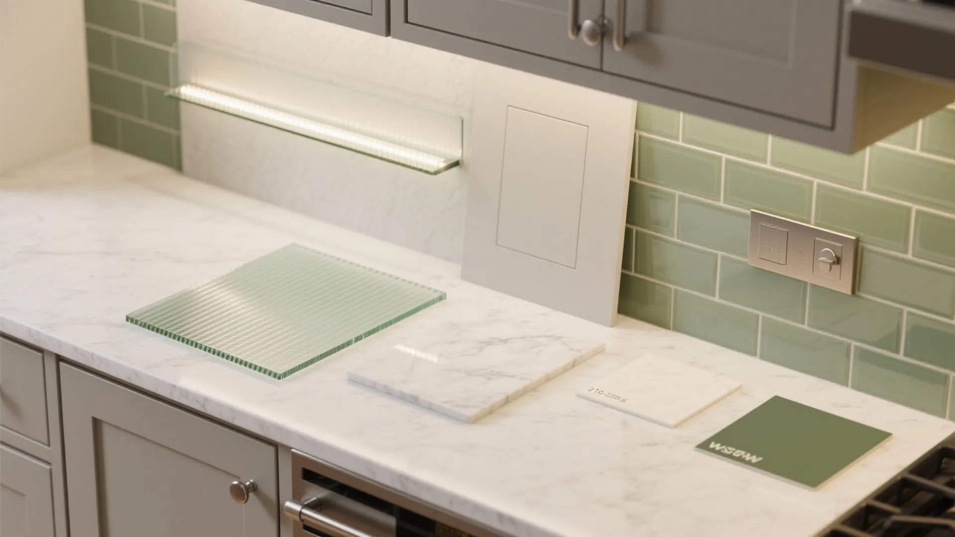 Backlit shelves and glass accents for depth