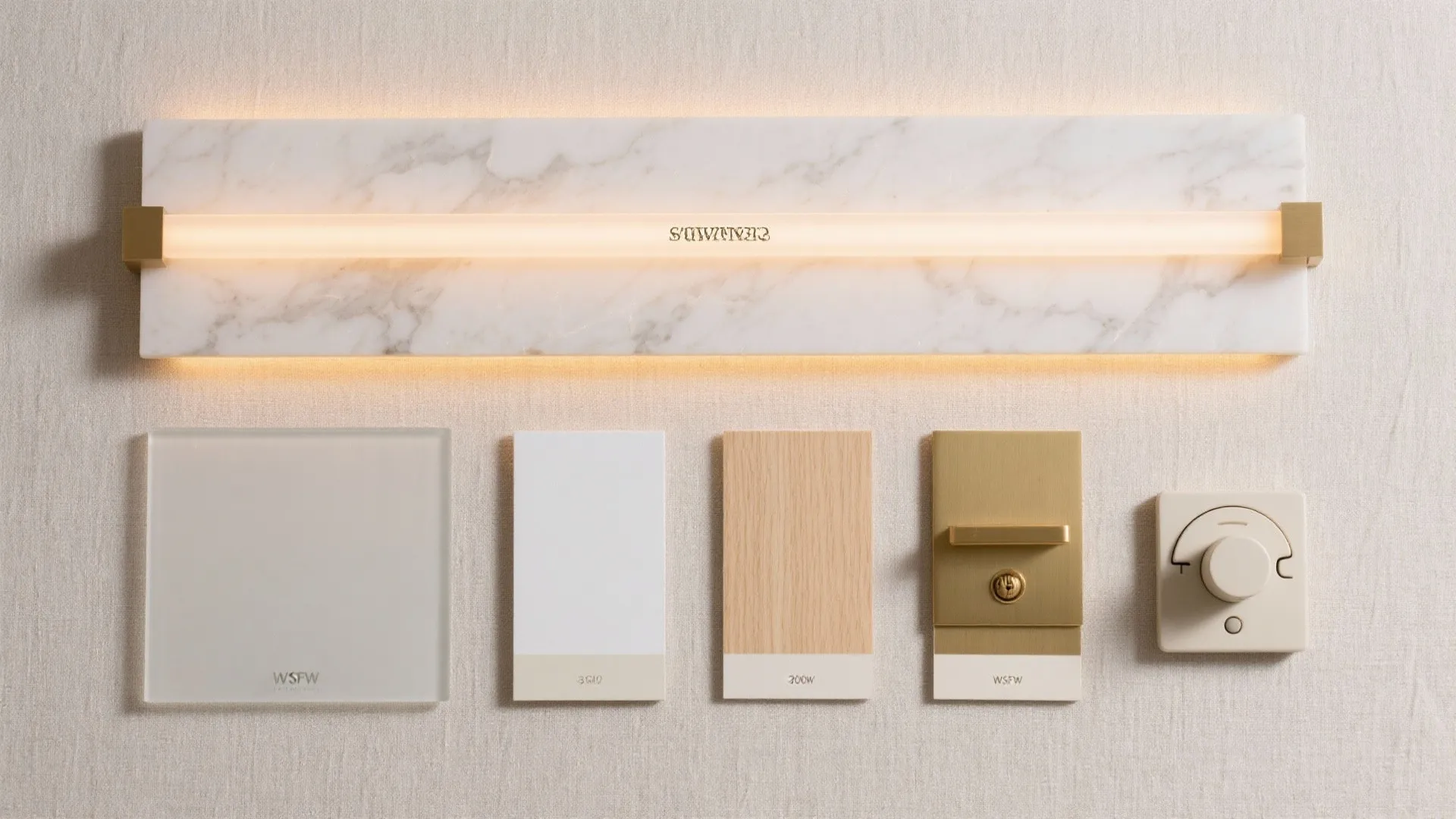 Modern marble wall light above material samples featuring wood glass and gold for interior design