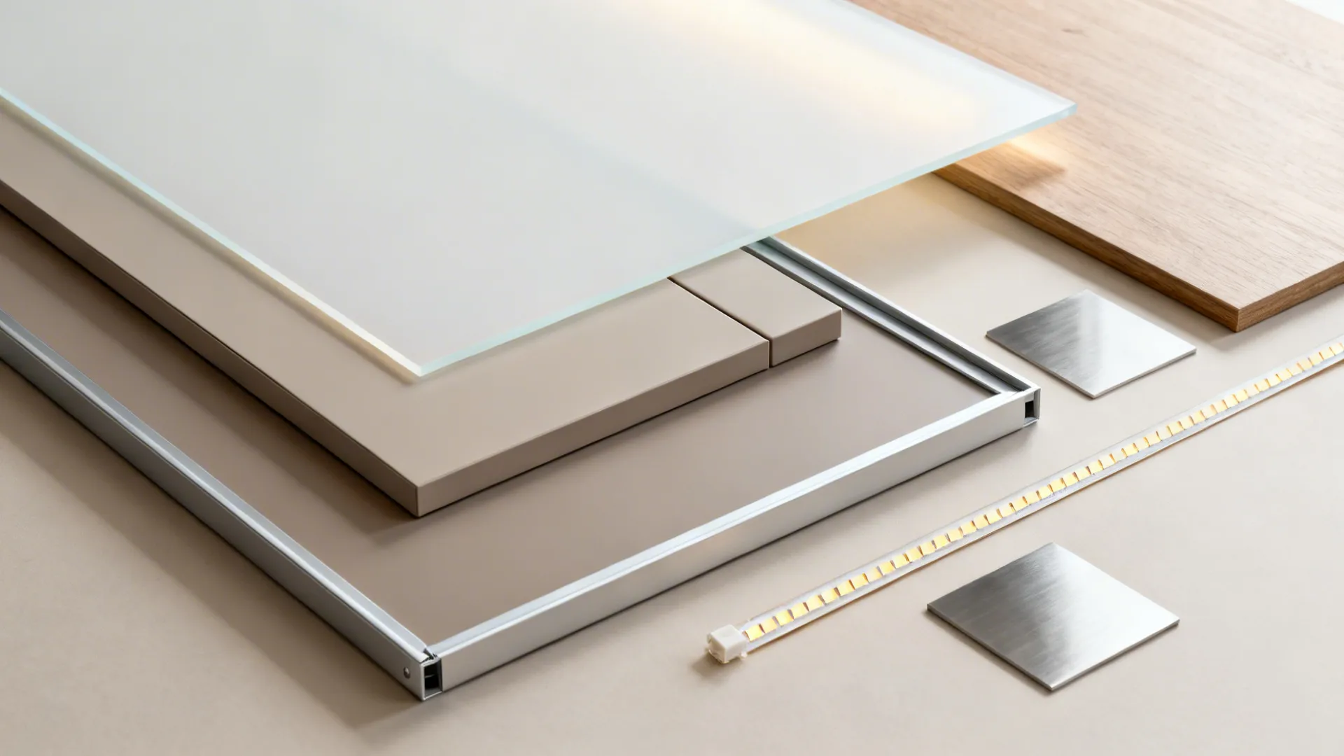 Flatlay of opal acrylic, high-CRI LED panel, aluminum frame, and kitchen finish samples.