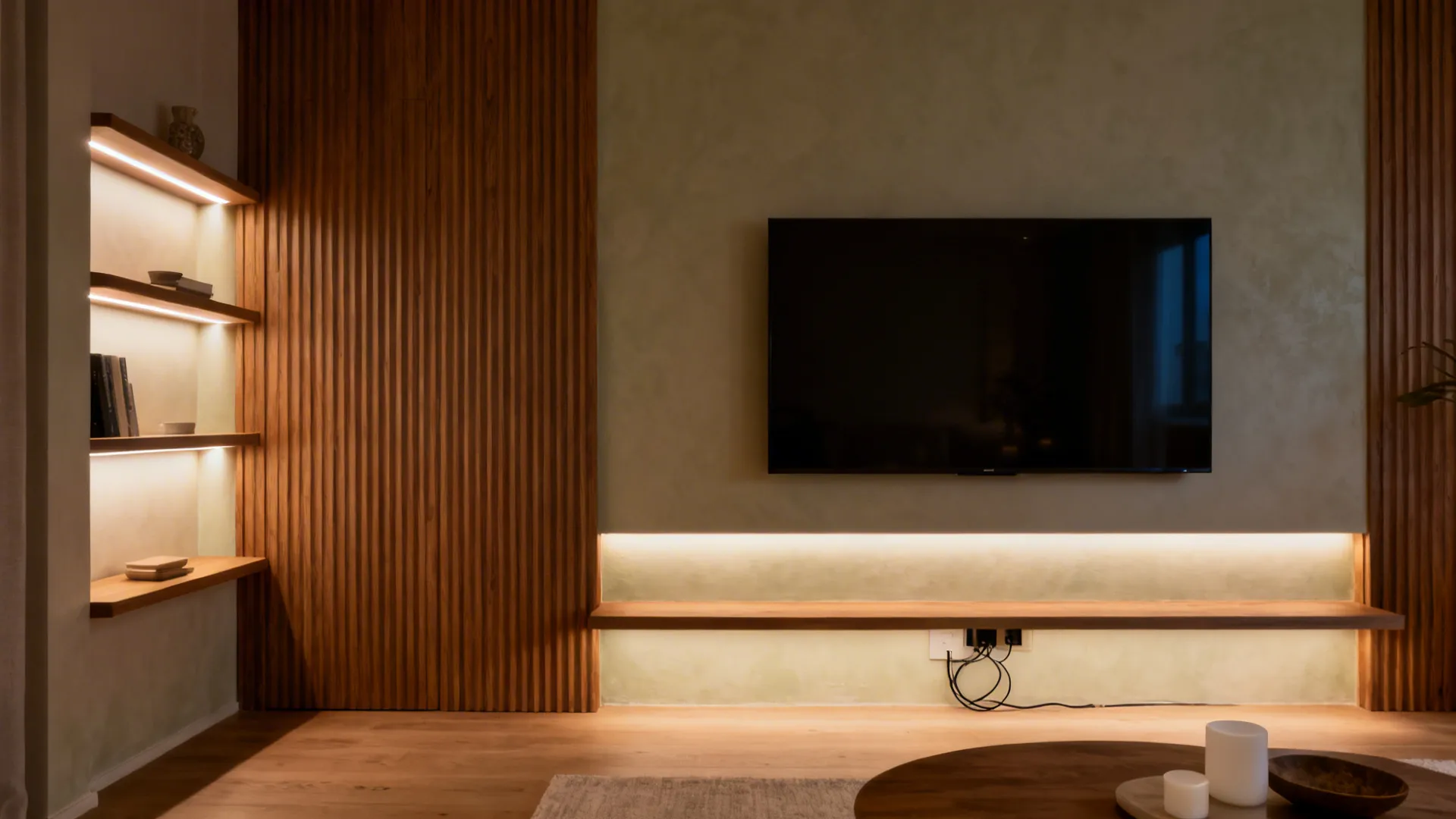 Backlit TV wall with floating shelves softly haloed by high CRI LED strips.