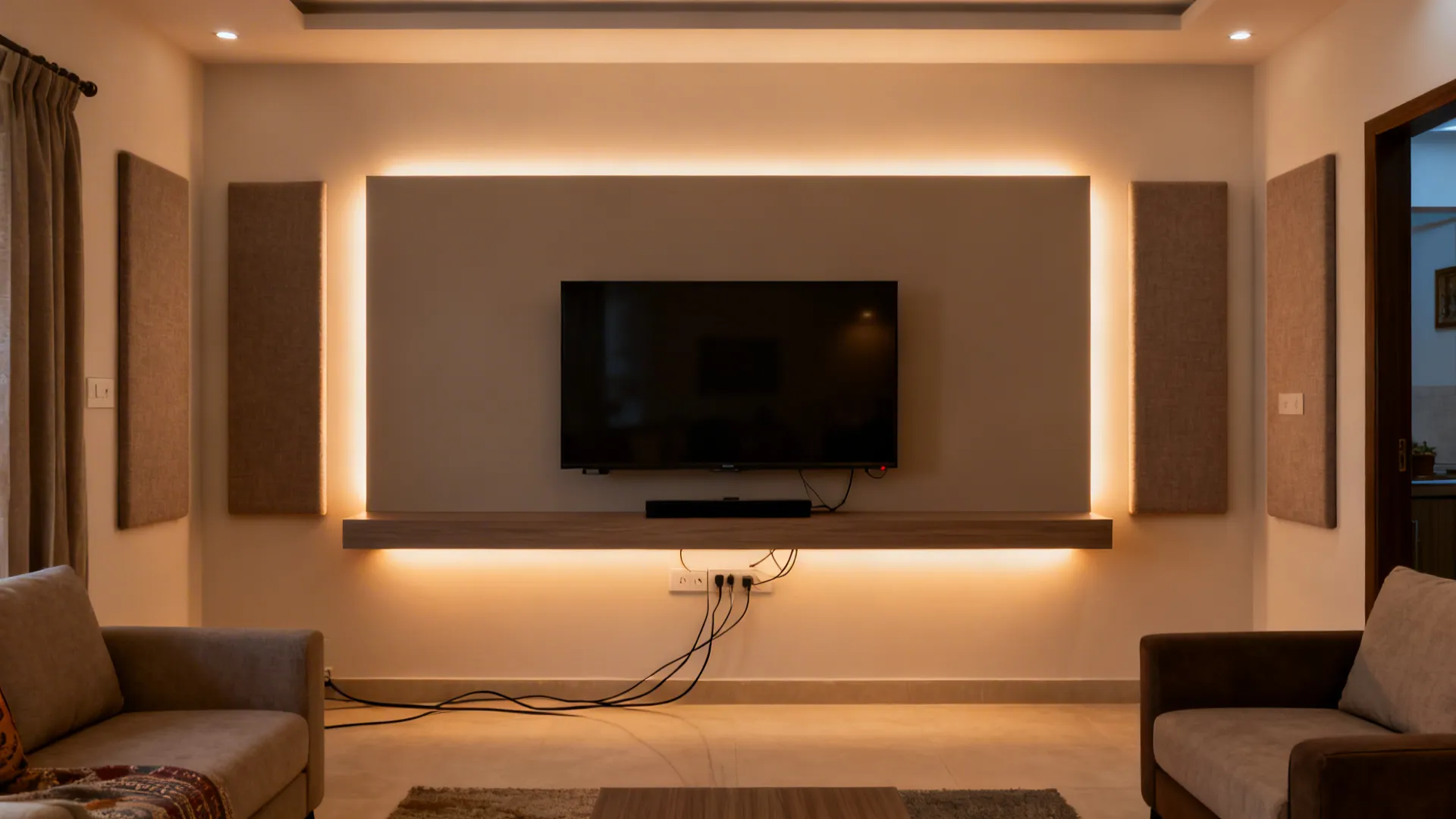 Modern living room featuring a wall mounted television with warm hidden lighting and grey fabric sofas.
