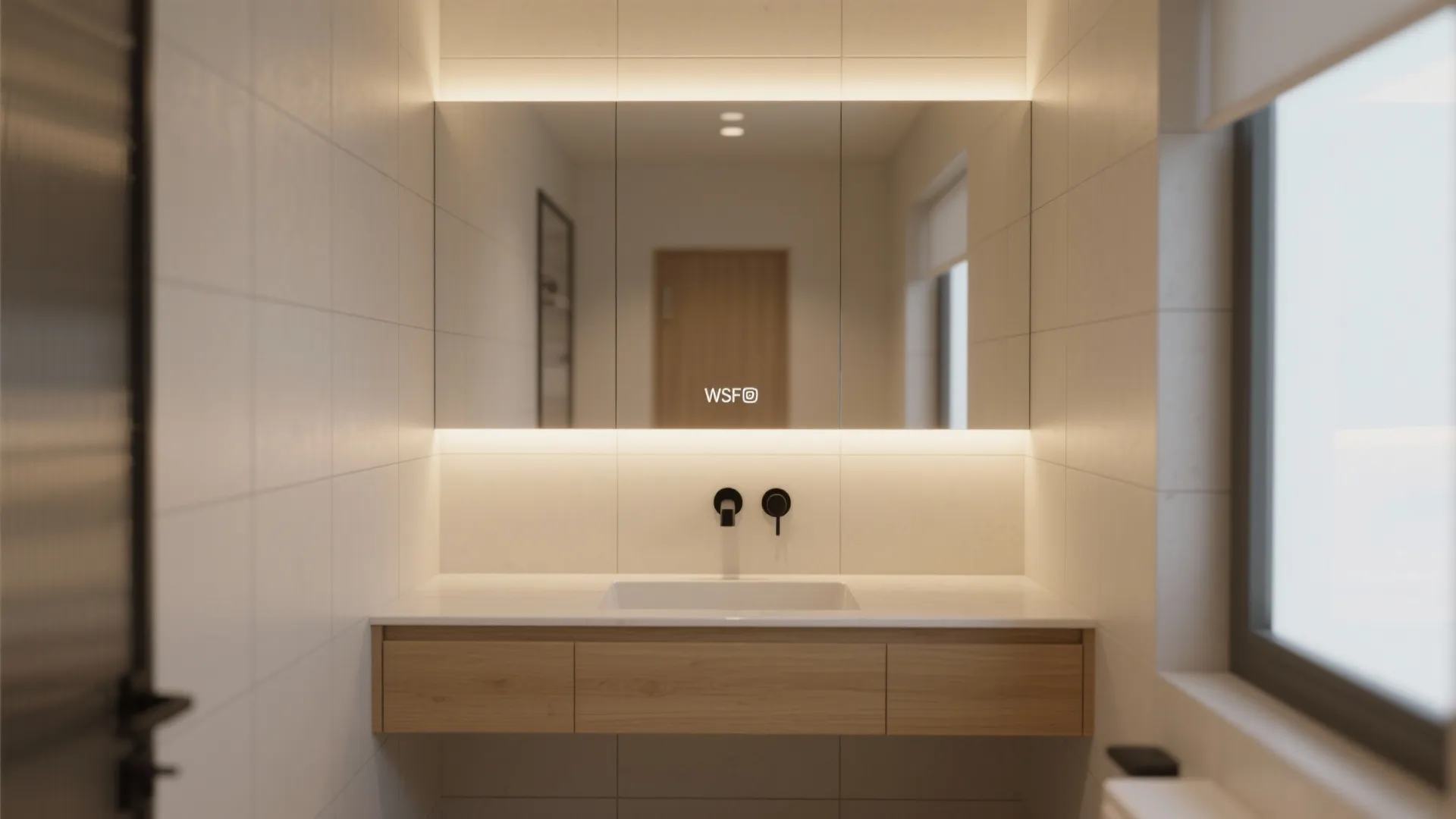 LED backlit mirror over a floating vanity softly illuminating a compact, windowless bathroom.
