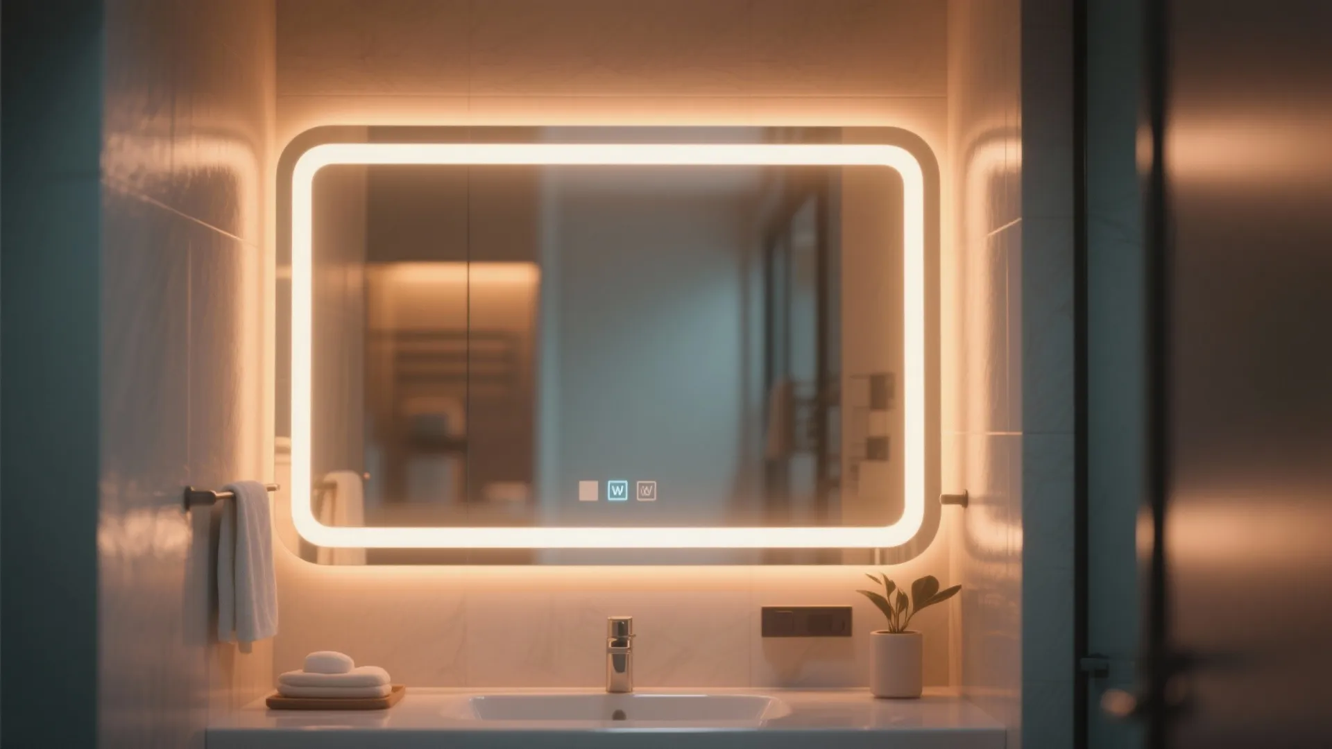 Smart bathroom mirror with glowing warm light frame above a white sink and small plant