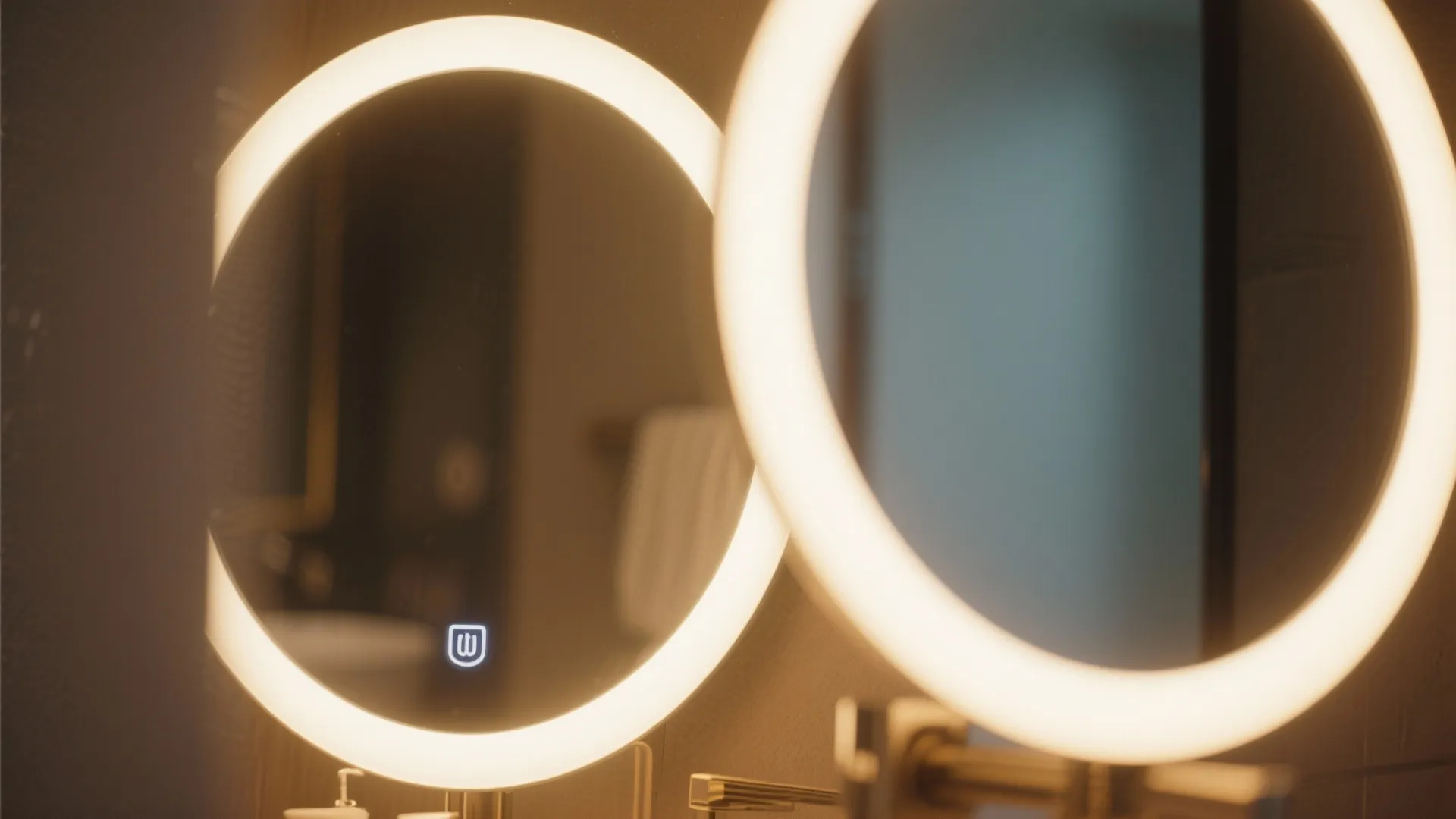 Close up view of two round bathroom mirrors with bright white circular built in lights