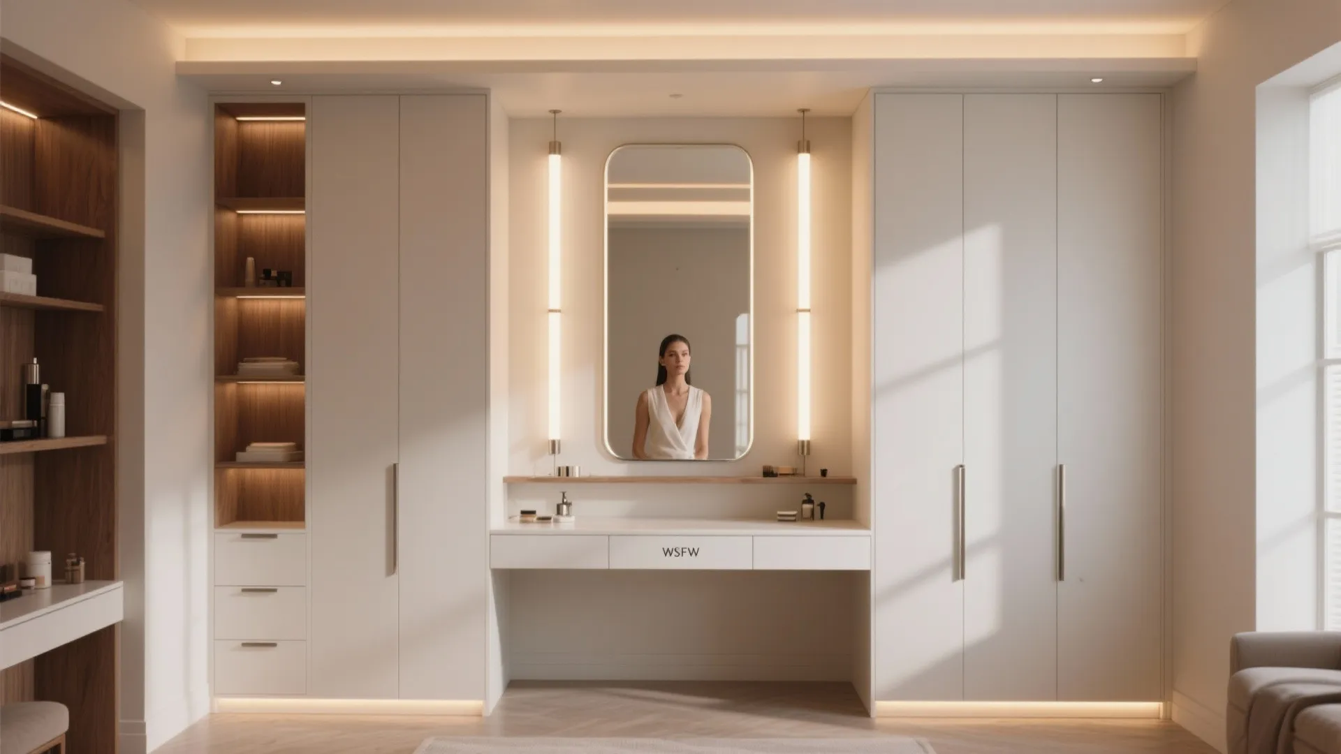 4) Layered lighting with a backlit mirror