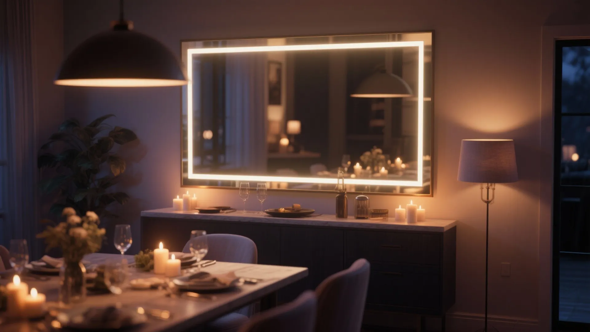 Large rectangular backlit mirror above a dark cabinet with glowing candles in a dining room