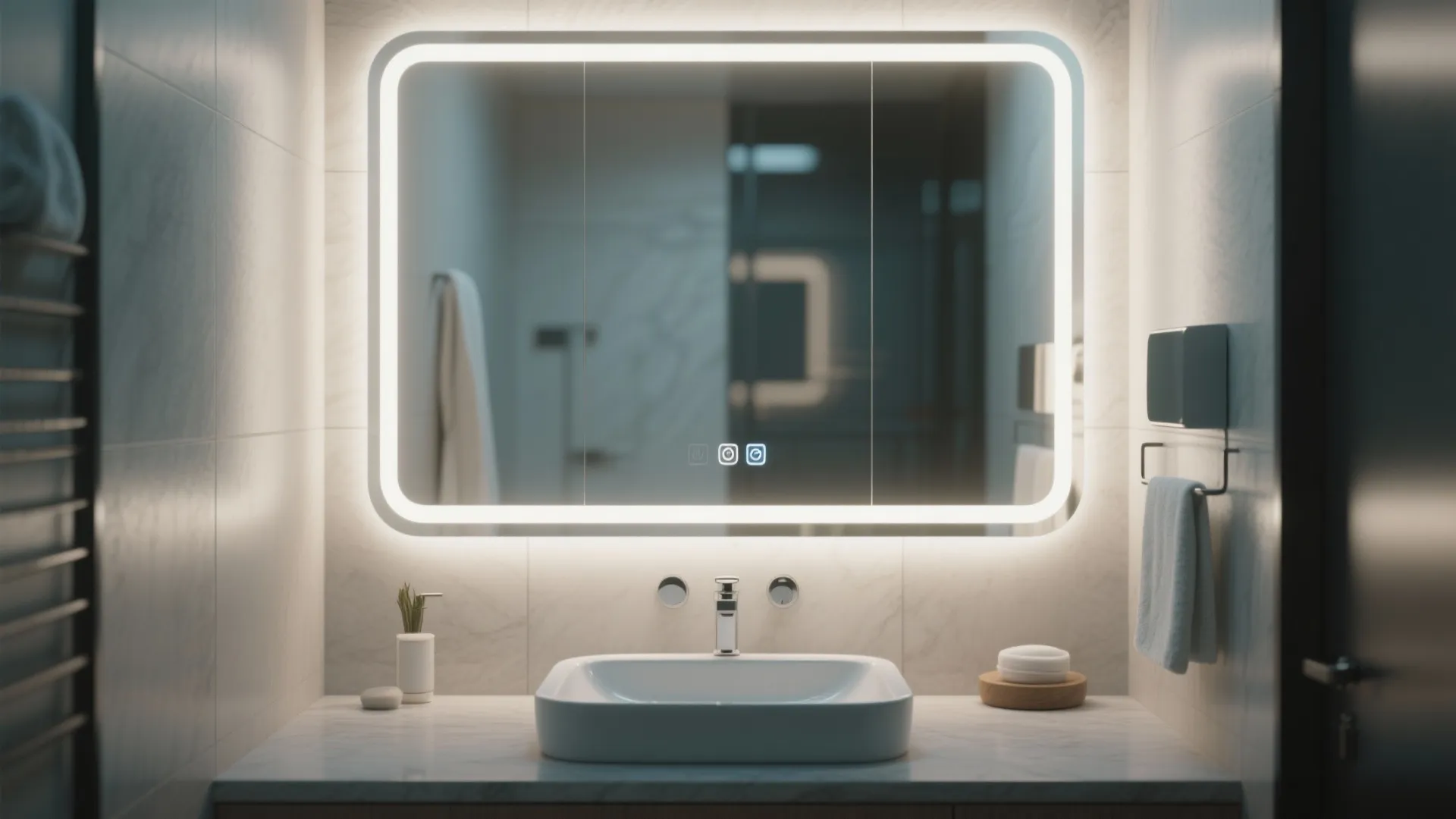 Modern rectangular bathroom mirror with built in lights above a white sink and marble counter