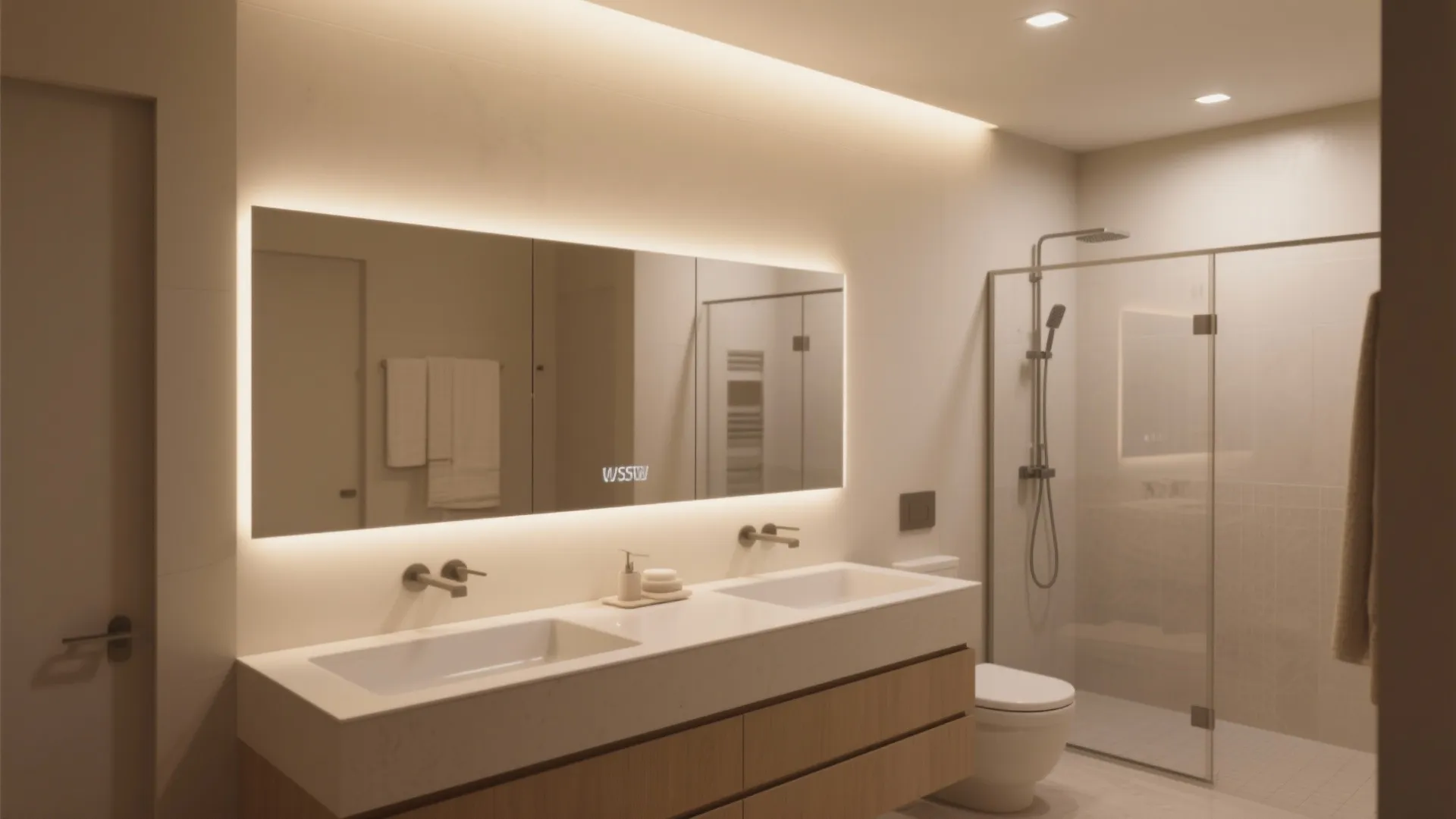Modern bathroom with double sink wood cabinet backlit mirror glass shower door and warm lighting