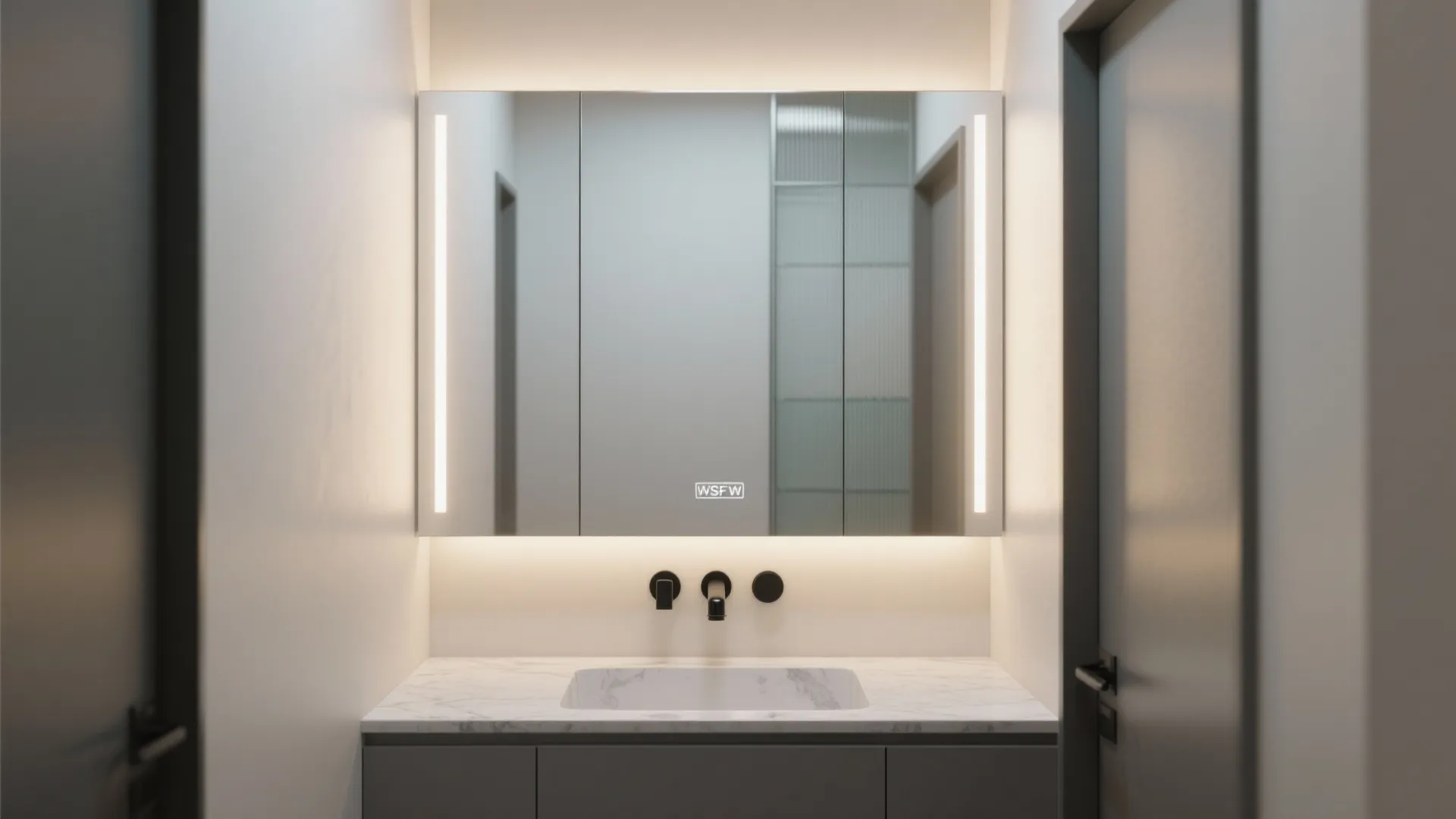 Backlit Mirror Cabinet + Glass Splashback