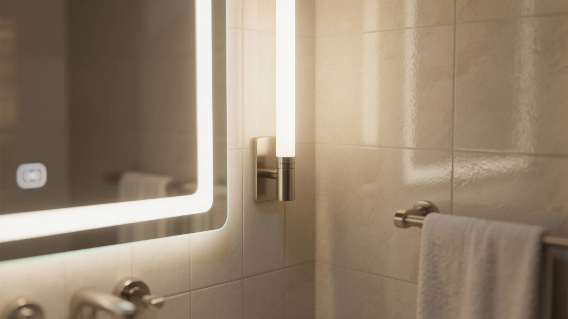 Lighted bathroom mirror with silver wall light fixture on beige tiles next to white towel