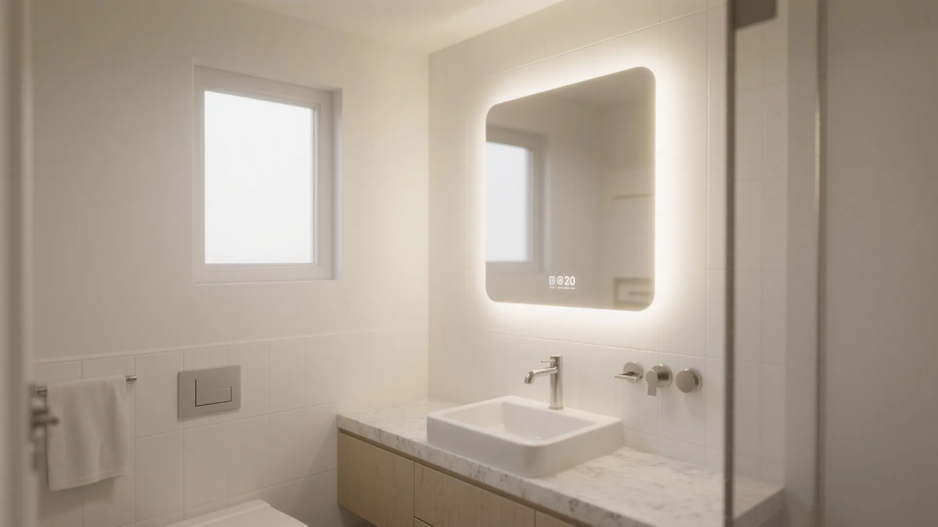 Bright bathroom with square light fixture mirror white sink marble counter and small roof window