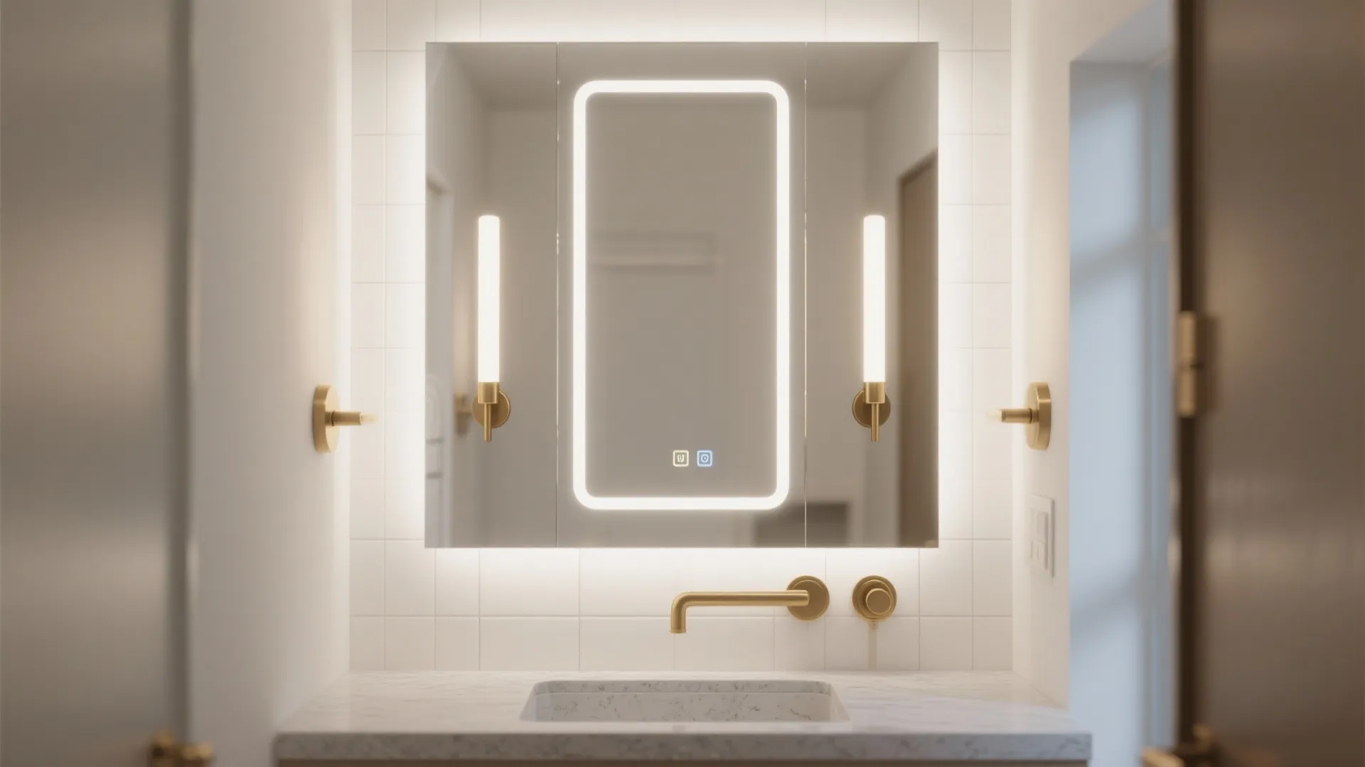 Modern bathroom mirror with built in light rectangular led frame gold wall light and gold faucet