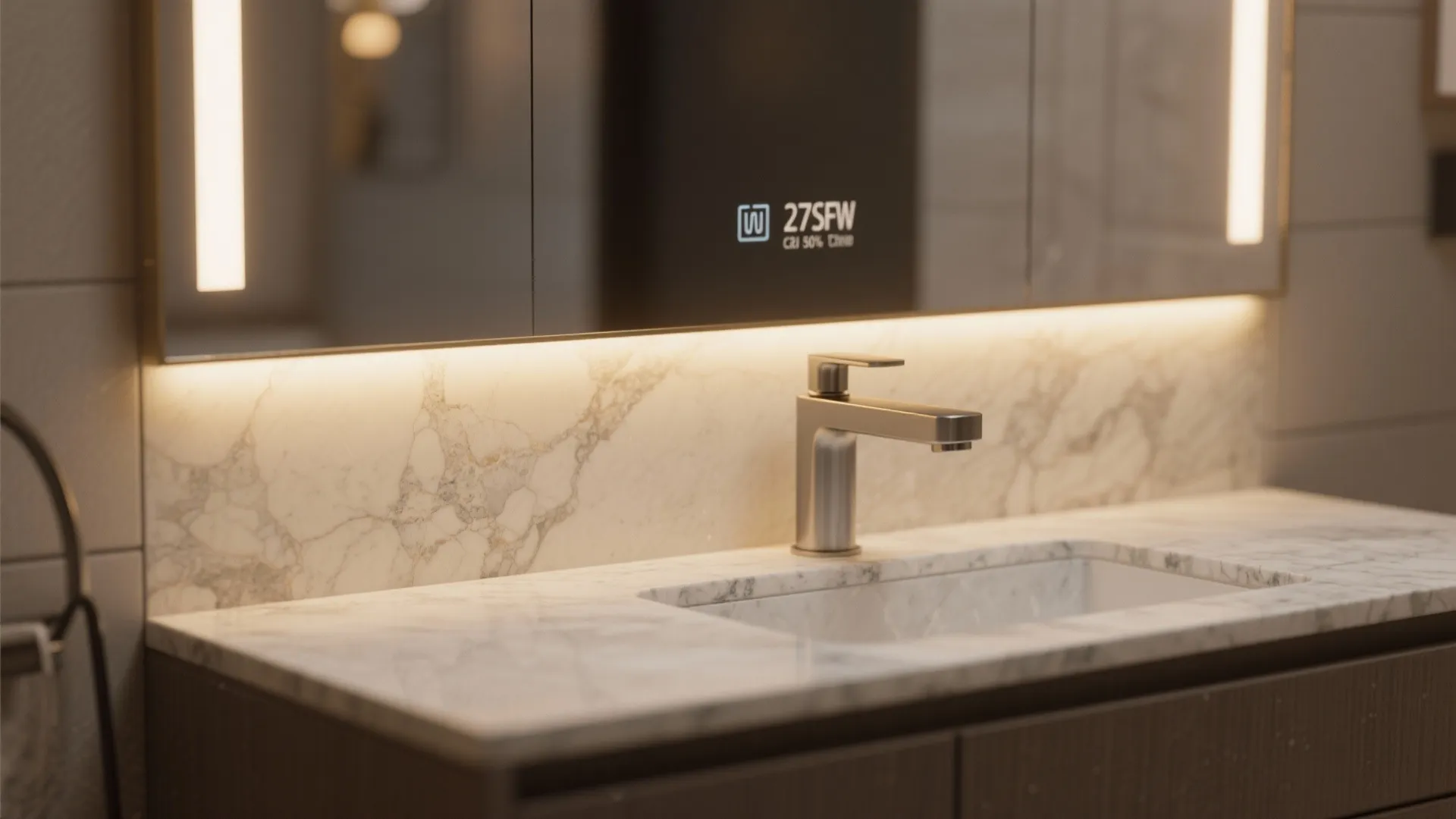 Modern bathroom vanity with marble countertop and a smart mirror with built-in led light strips