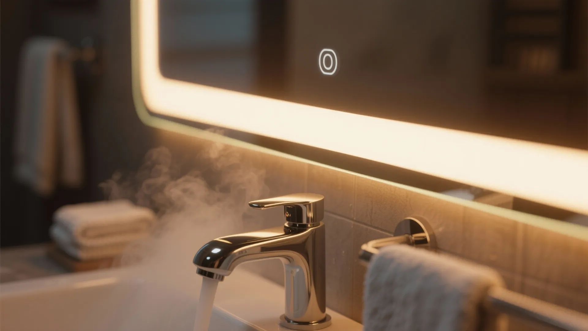 Modern bathroom sink with chrome faucet running hot water under glowing smart LED backlit mirror