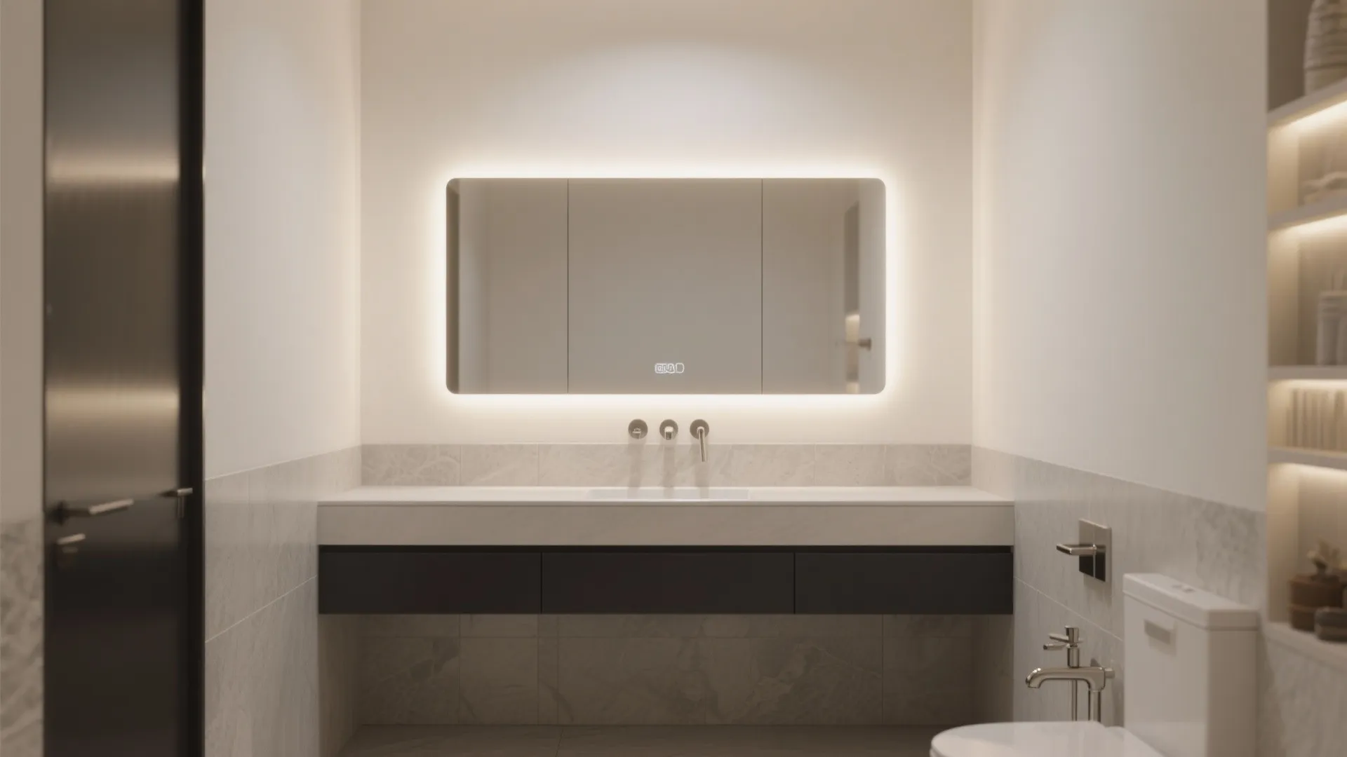 Modern bathroom with a large rectangular backlit mirror above a floating black and white cabinet