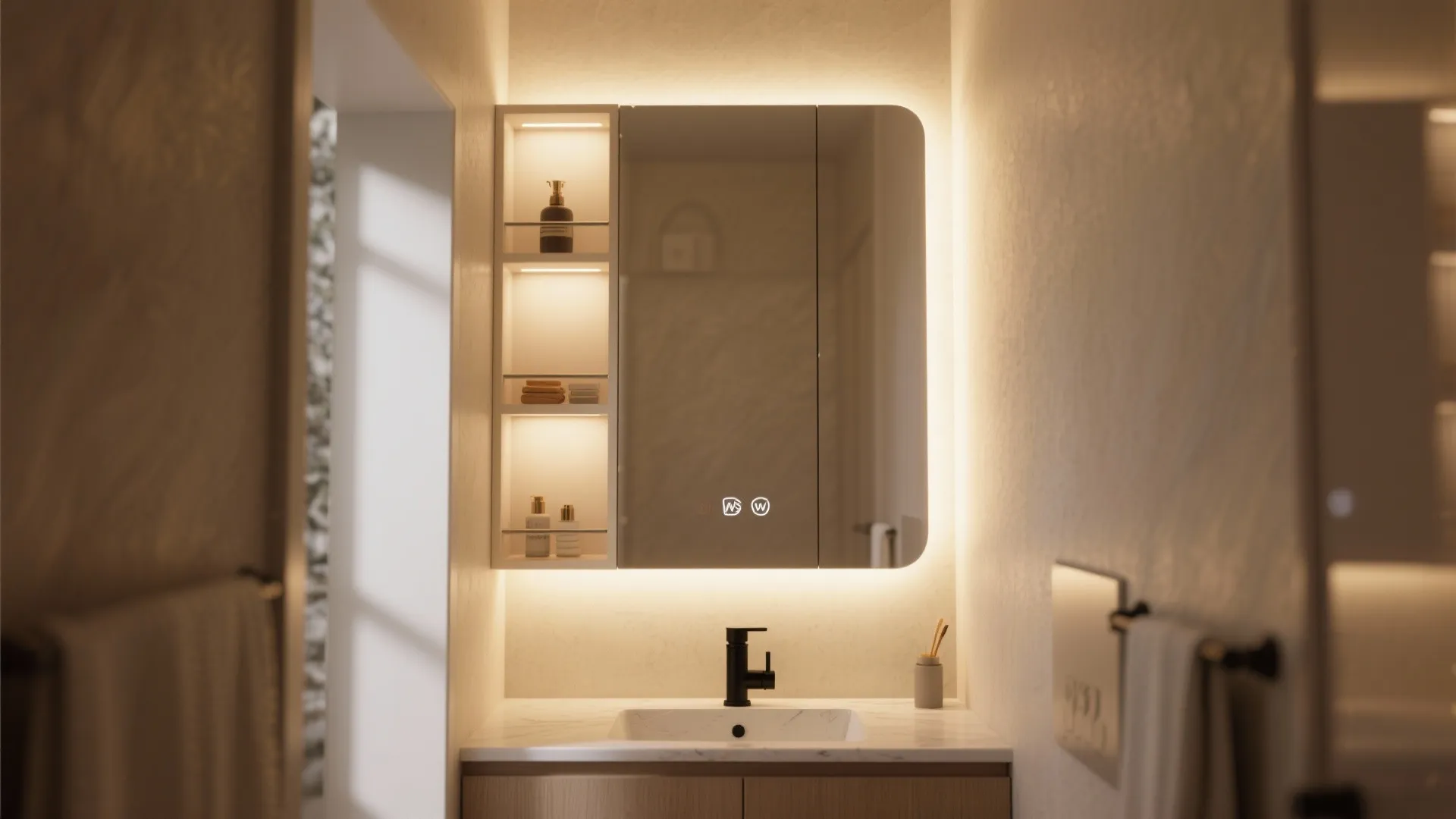Backlit mirror cabinet in a narrow Indian bathroom niche, warm-neutral LED glow and clutter-free compact vanity.