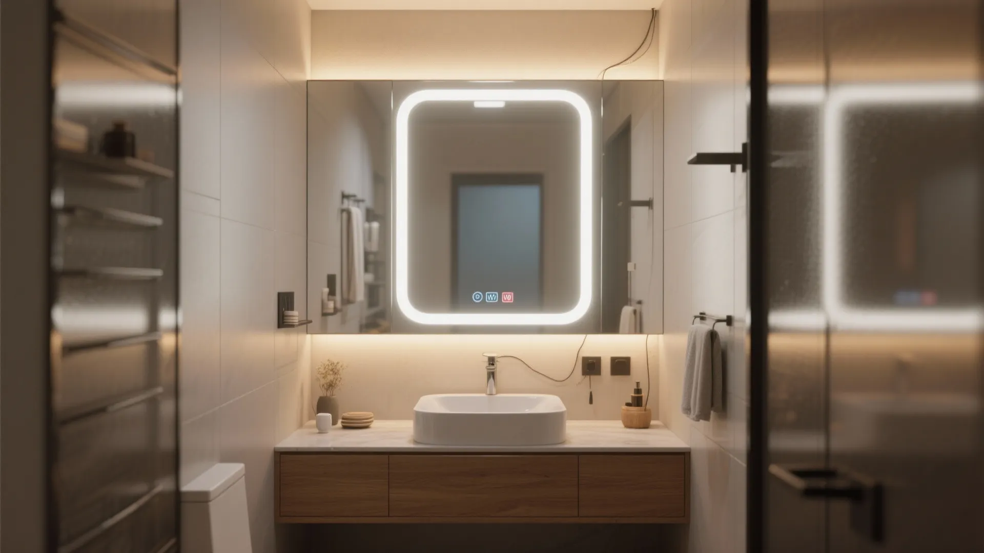 Modern bathroom with backlit mirror white sink wooden cabinet and warm light in minimalist style