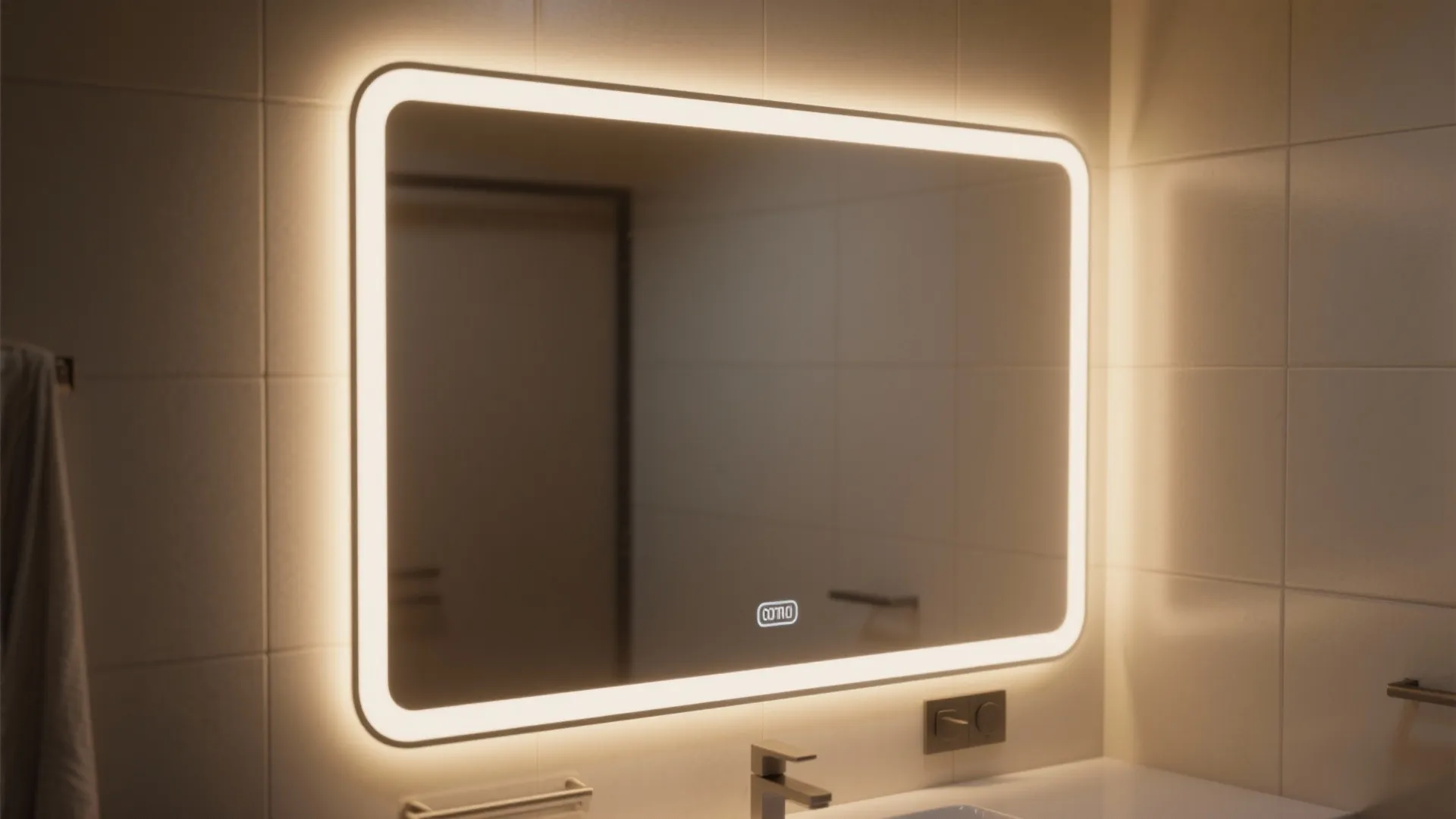 Backlit bathroom mirror with soft warm LED frame illuminating a compact vanity.