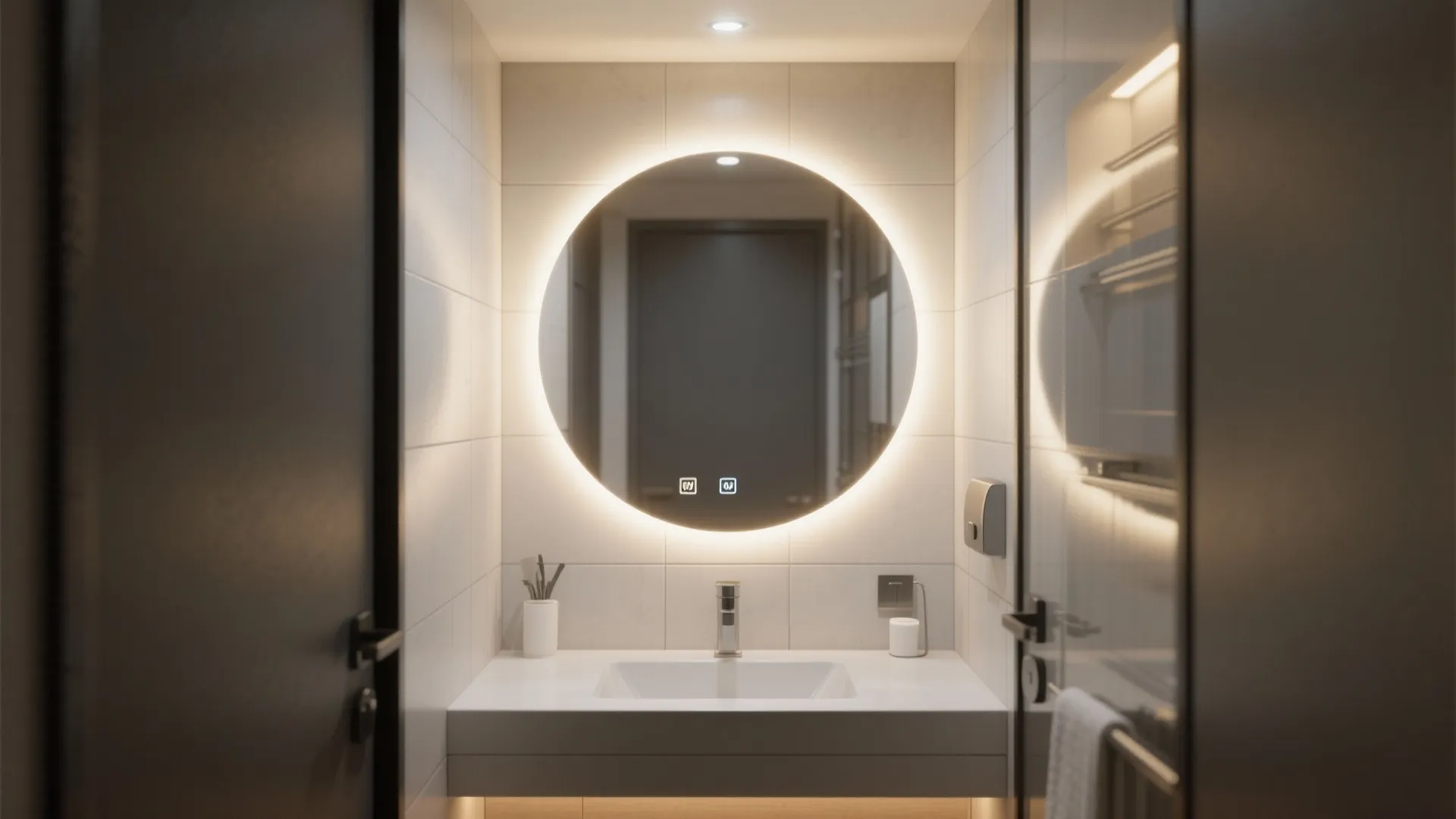 4. Backlit Circular Mirrors with Integrated Lighting