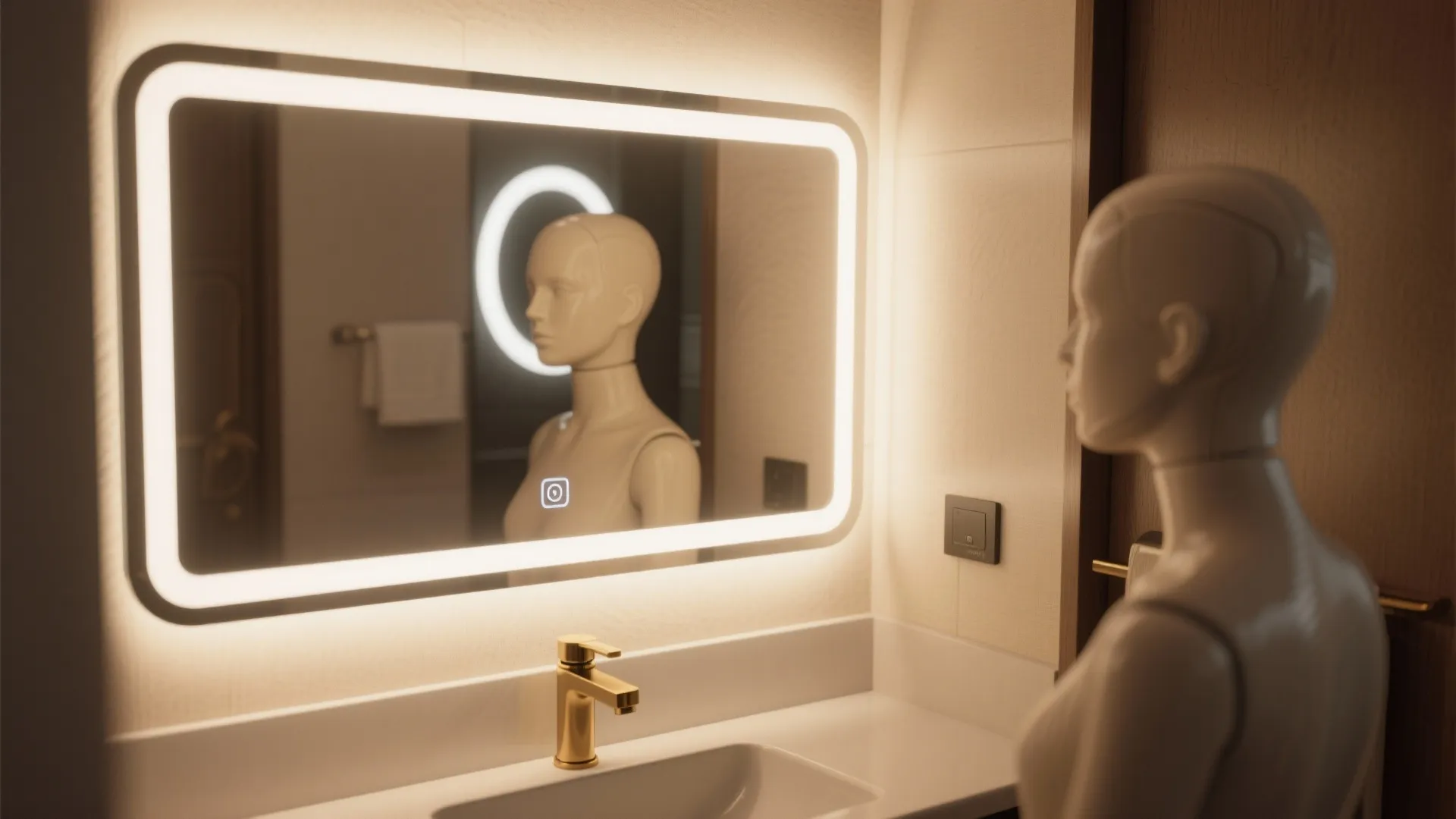 Modern bathroom with glowing wall mirror white sink gold tap and light colored mannequin figure