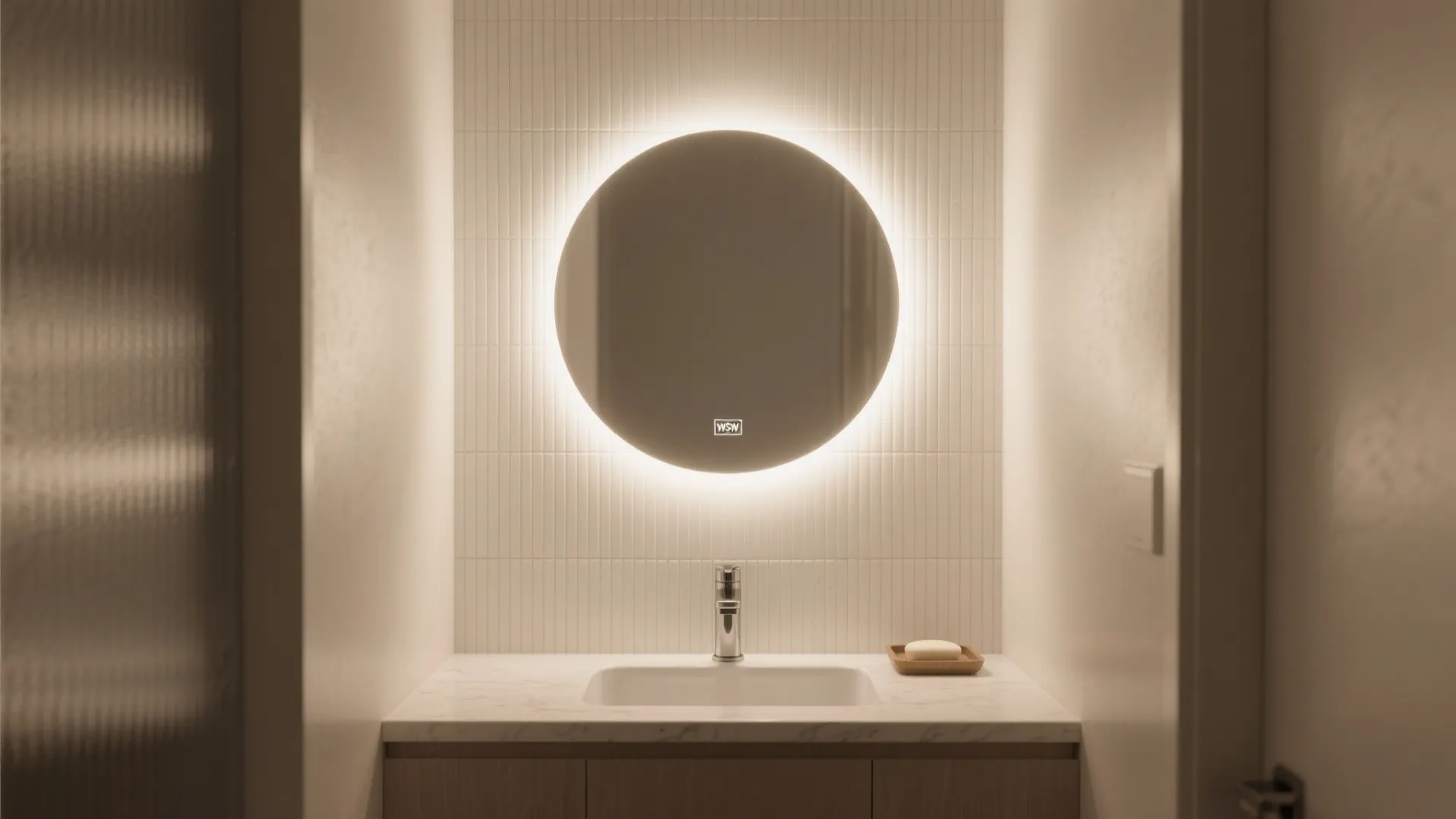 Backlit Mirror and Textured Backsplash
