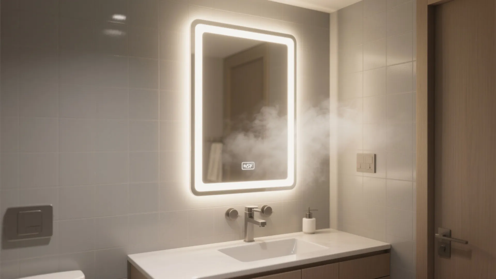 Backlit bathroom mirror casting an even halo over a modern vanity.
