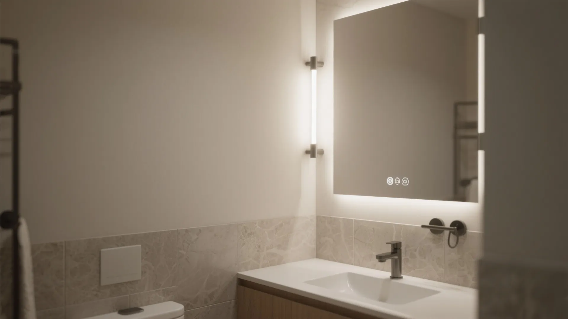 3. Backlit mirror-style LED sconce in small bathrooms