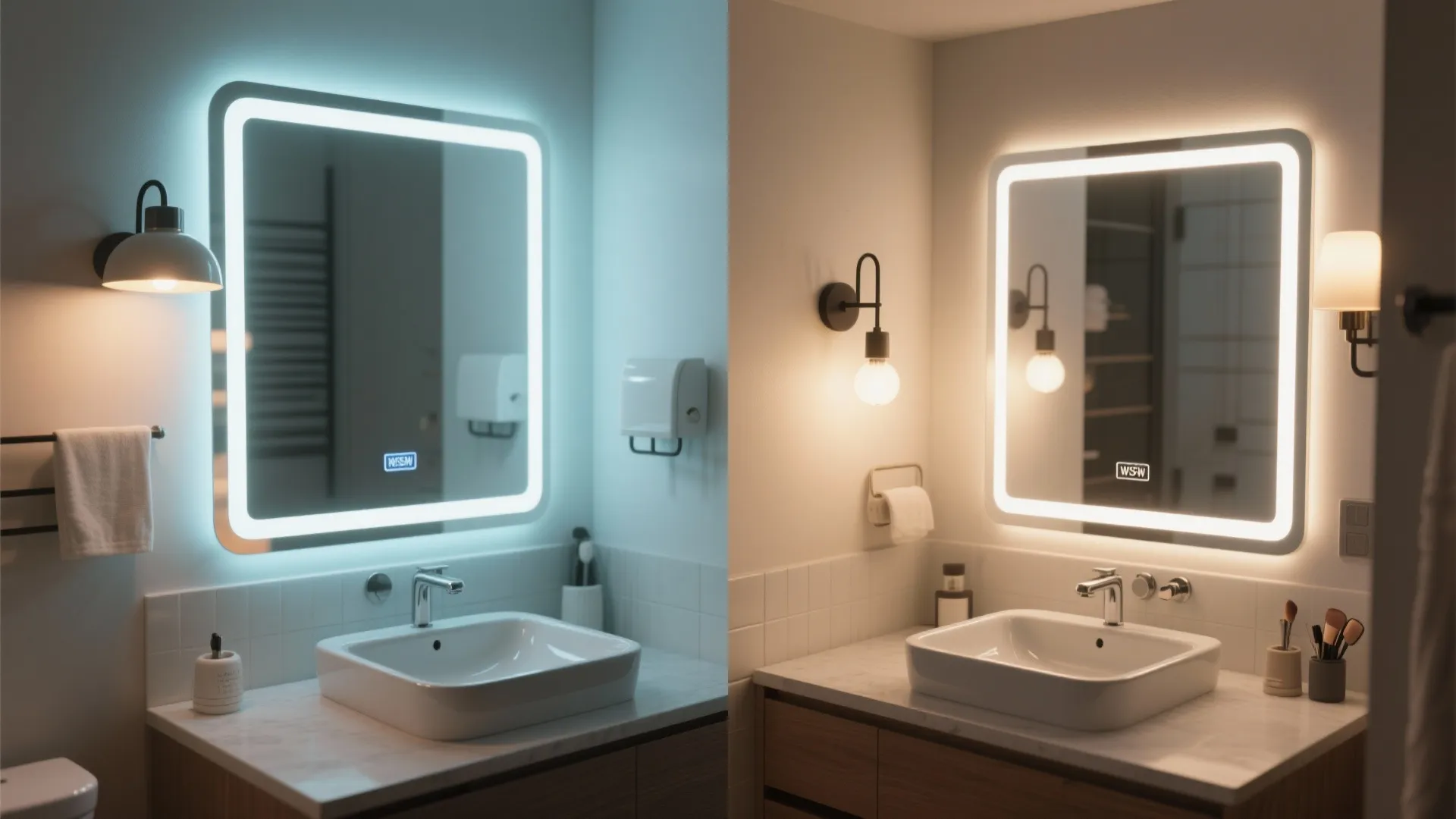Small bathroom with integrated backlit mirror LED sconces and clear counter space.