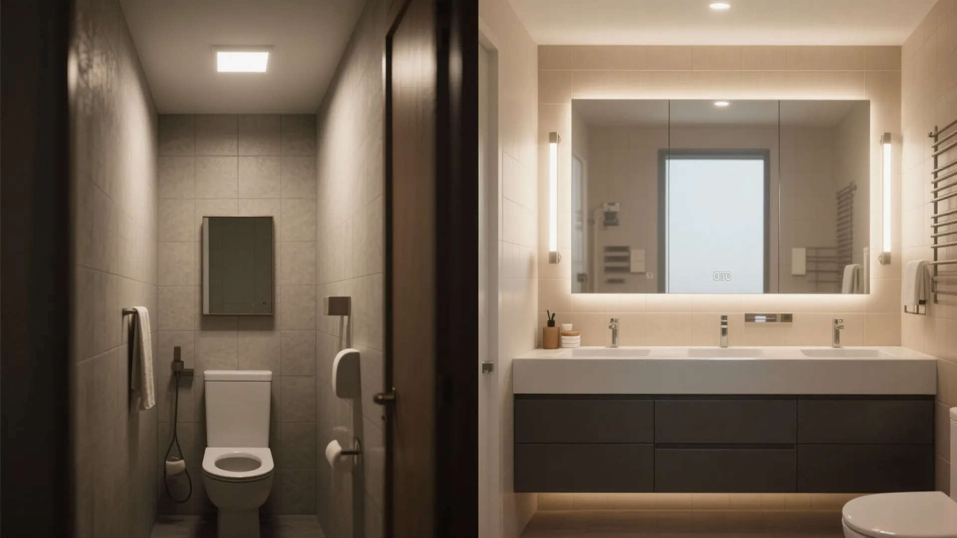 Before and after comparison of a dark toilet room versus a bright bathroom with mirror