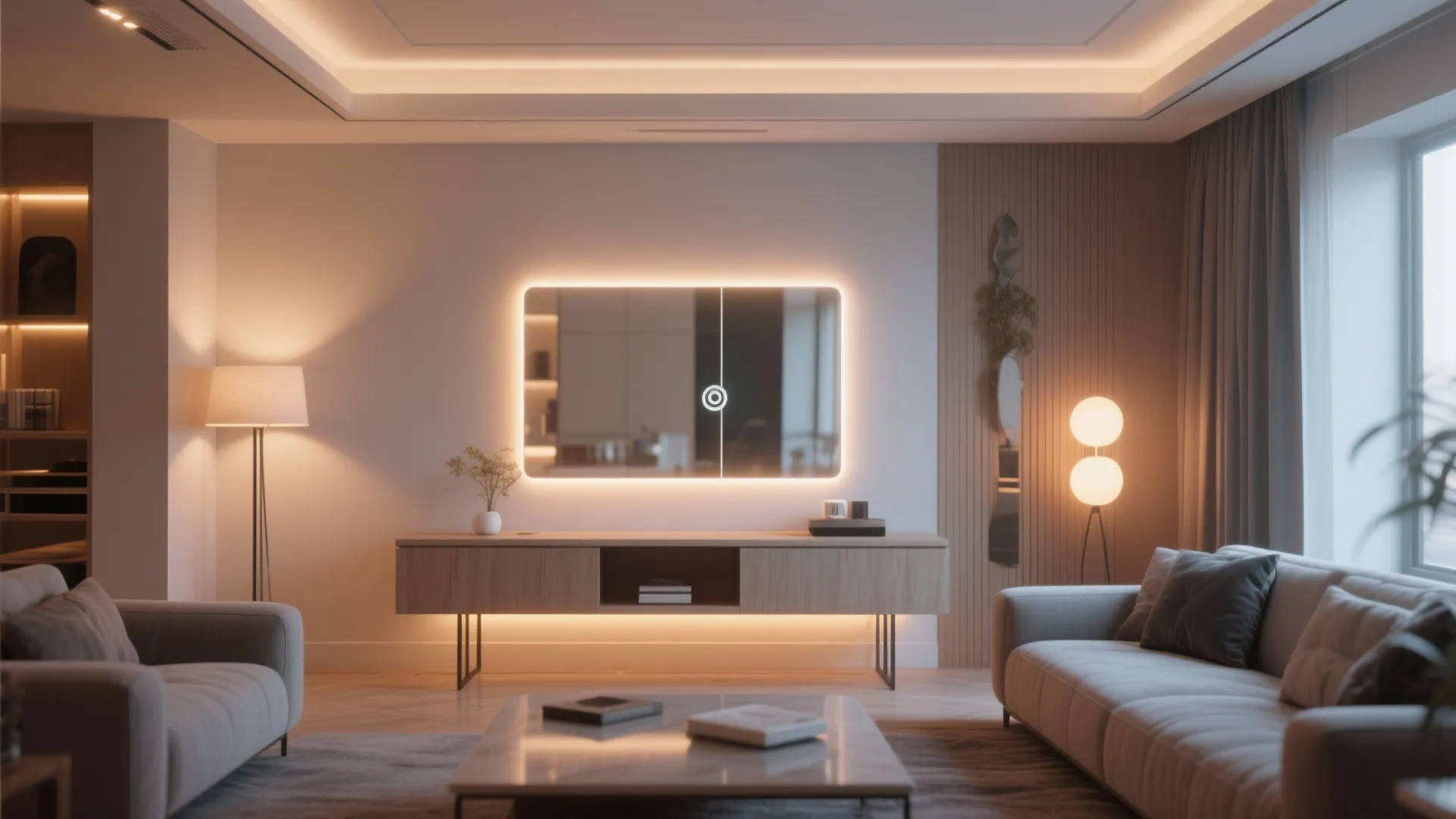 LED-backlit mirror creating warm evening glow