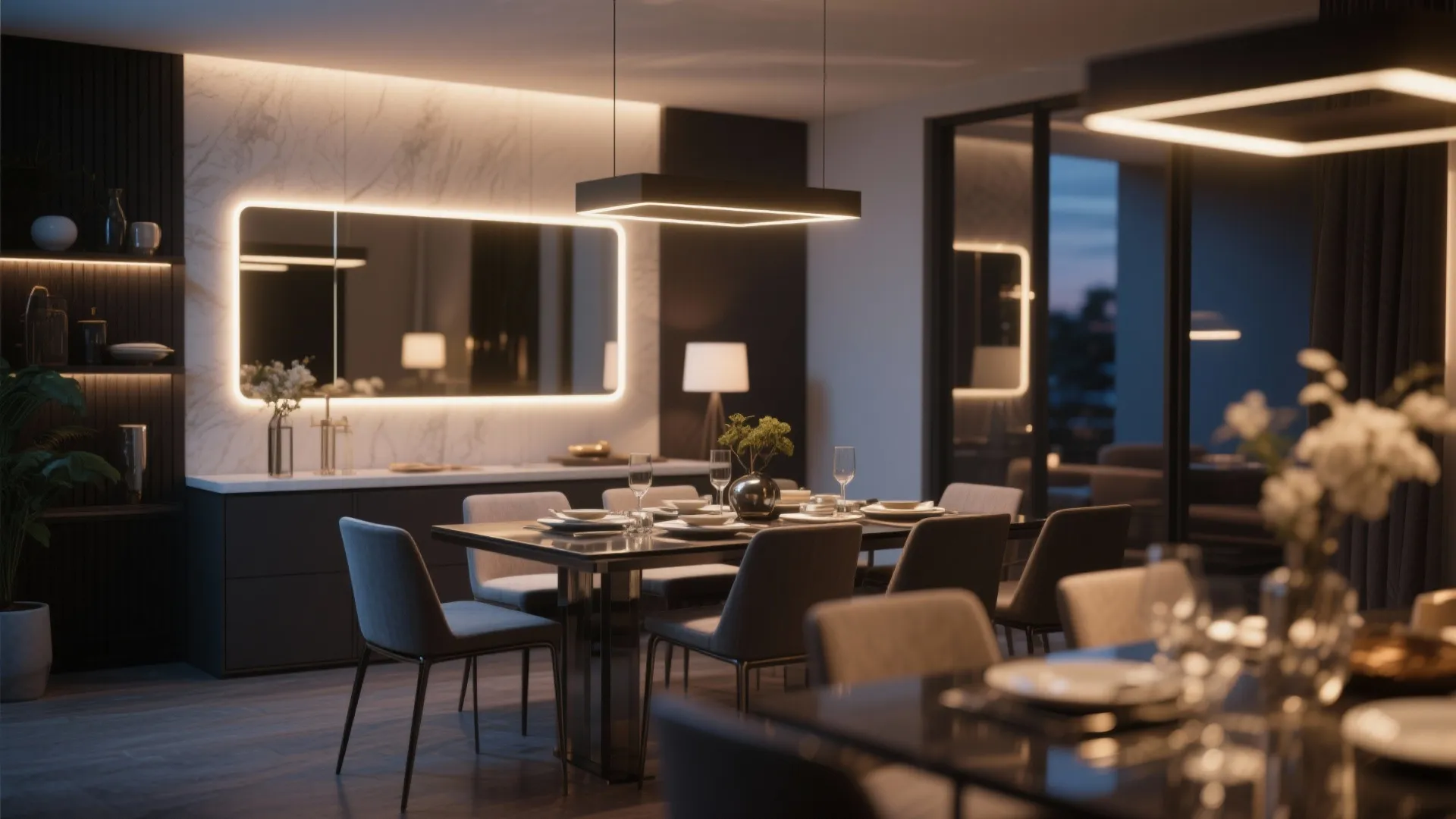 Modern dining room with a large glowing wall mirror black table grey chairs and lights