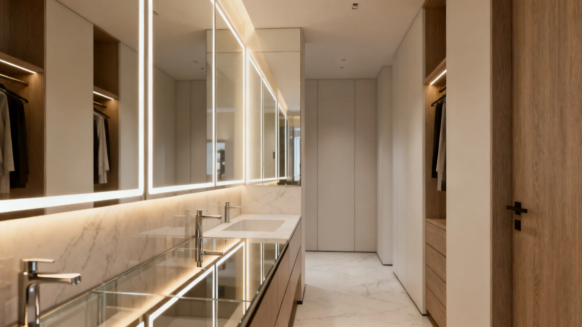 Backlit mirror in a compact dressing area that reduces shadows and visually expands the space