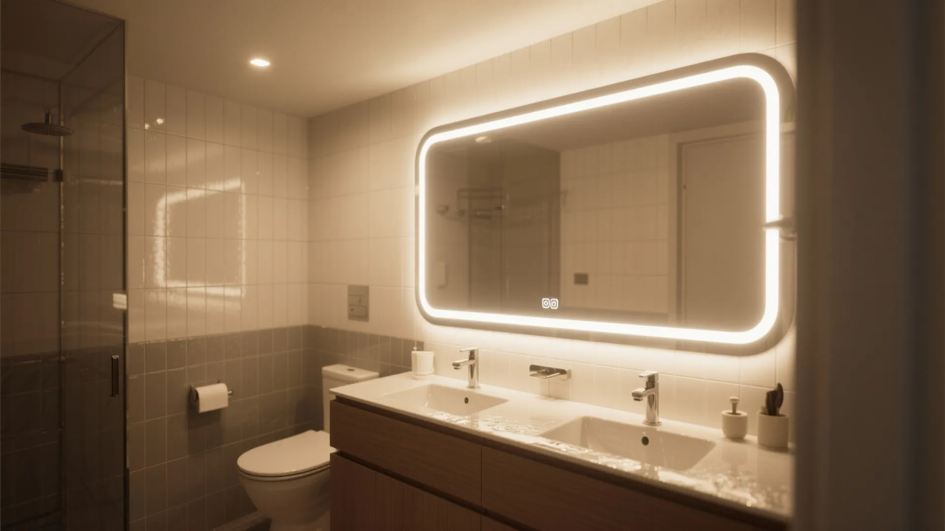 Compact ensuite with an integrated LED backlit mirror creating depth and warm ambient glow.
