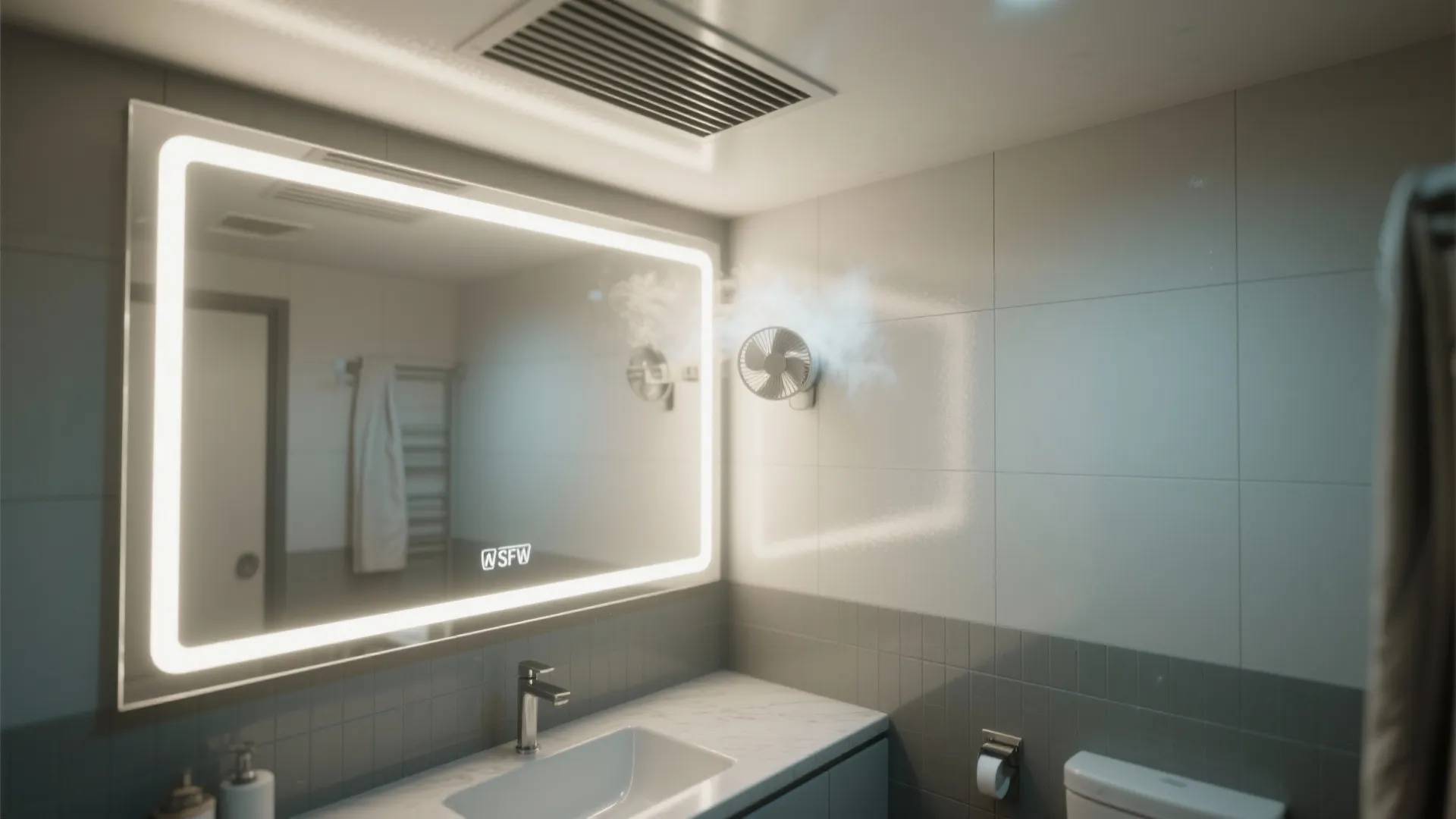 3. Backlit mirror lighting with discrete ceiling fan