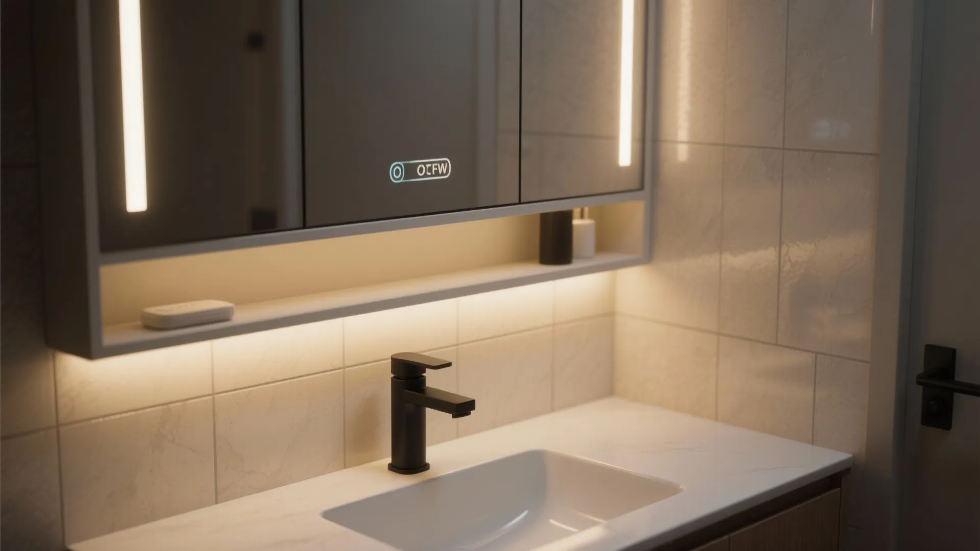 3. Mirror cabinet with backlit LED and efficient faucet pairing