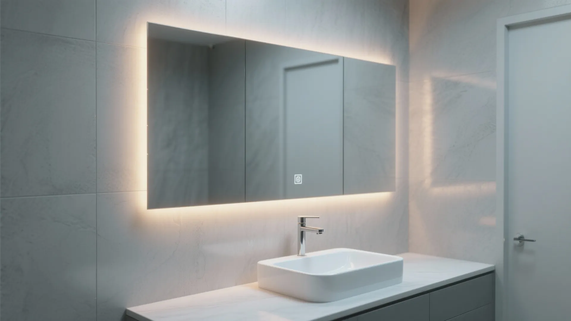 3. Full-height grey feature wall with backlit mirror